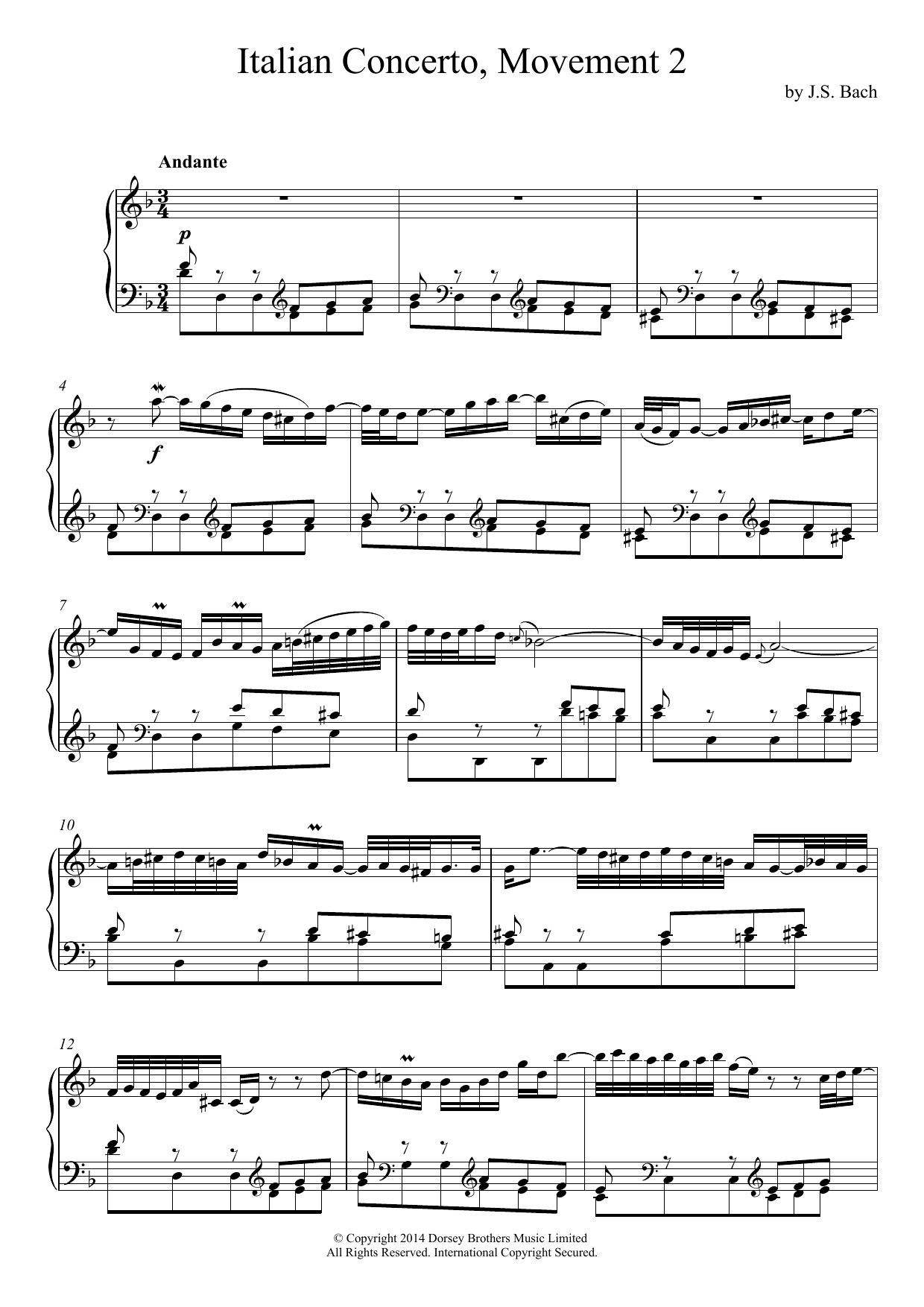 Johann Sebastian Bach Italian Concerto (2nd Movement: Andante) sheet music notes and chords arranged for Piano Solo