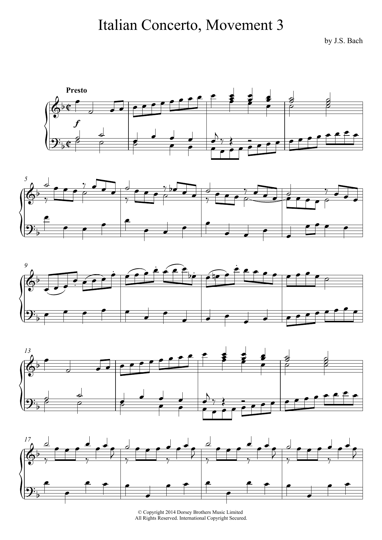 Johann Sebastian Bach Italian Concerto (3rd Movement) sheet music notes and chords arranged for Piano Solo