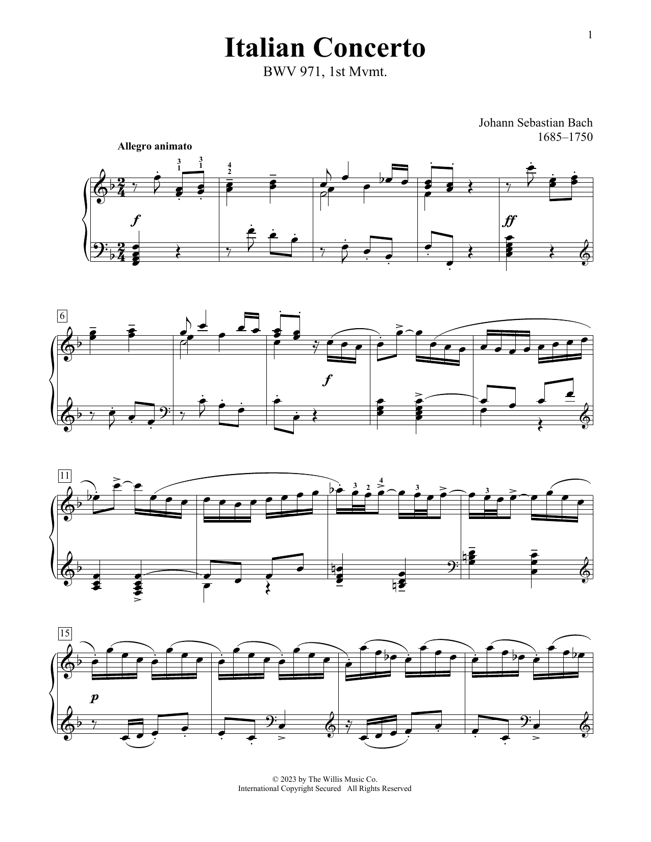 Johann Sebastian Bach Italian Concerto In F Major, BWV 971 sheet music notes and chords arranged for Educational Piano