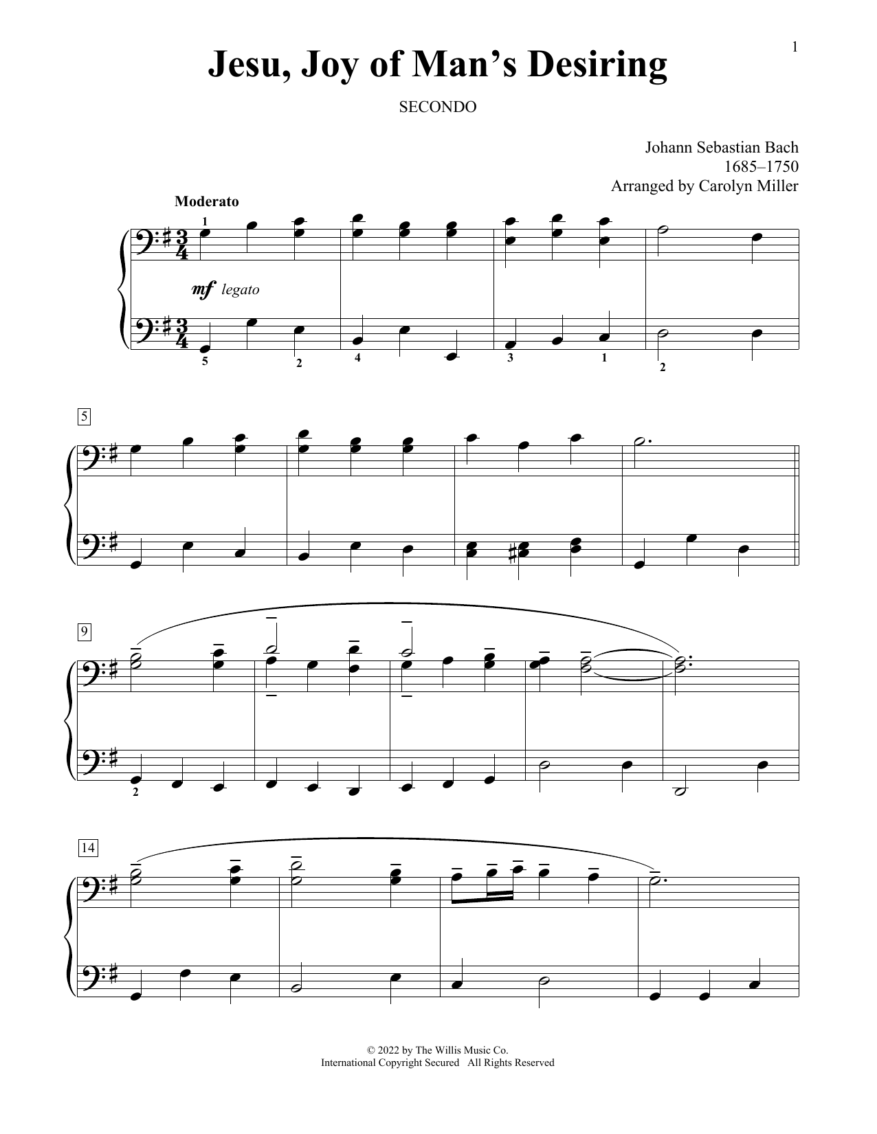 Johann Sebastian Bach Jesu, Joy Of Man's Desiring (arr. Carolyn Miller) sheet music notes and chords arranged for Piano Duet