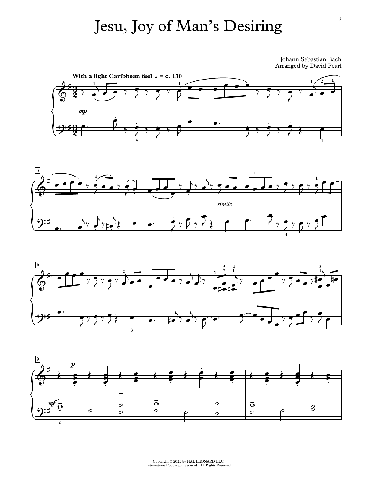 Johann Sebastian Bach Jesu, Joy Of Man's Desiring (arr. David Pearl) sheet music notes and chords arranged for Educational Piano