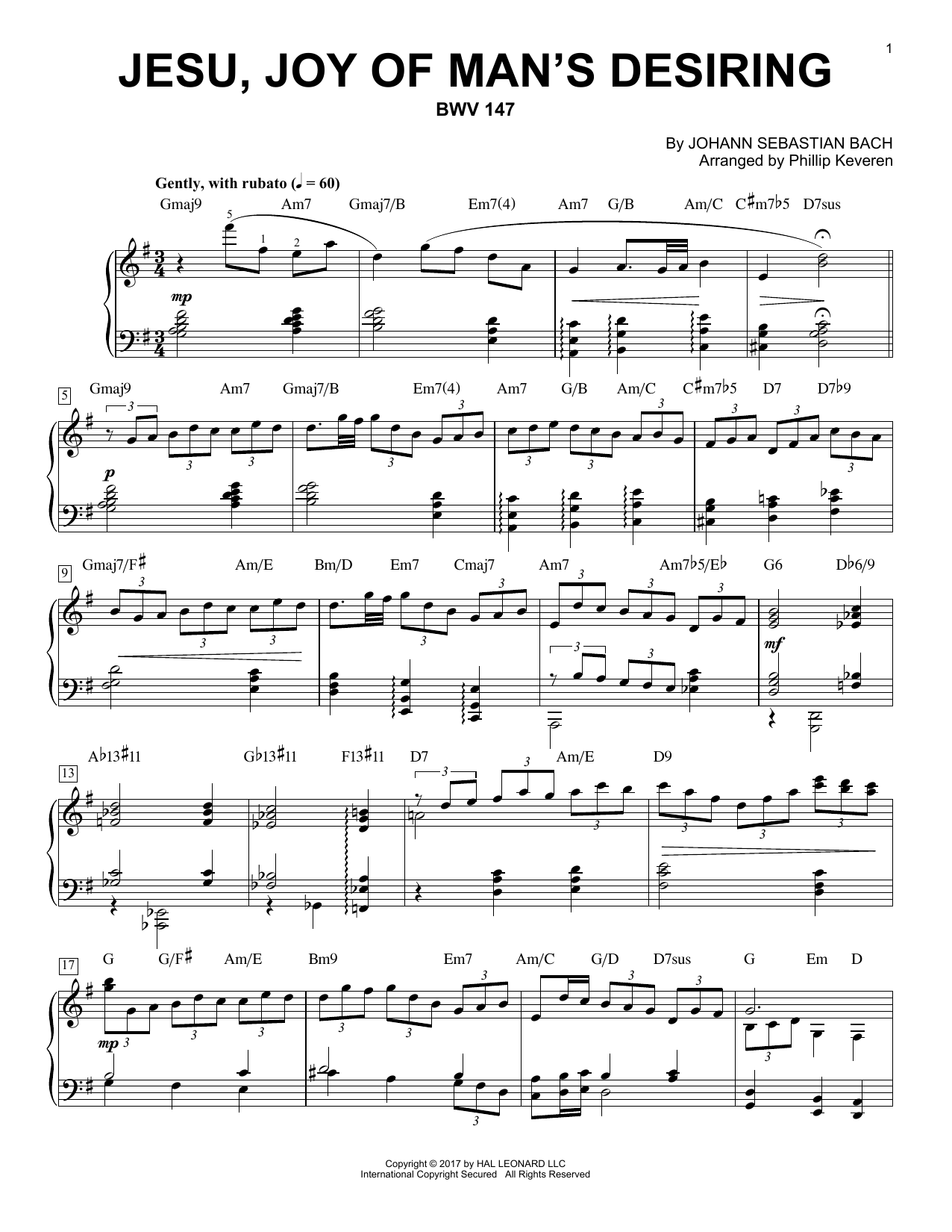 Johann Sebastian Bach Jesu, Joy Of Man's Desiring, BWV 147 [Jazz version] (arr. Phillip Keveren) sheet music notes and chords arranged for Piano Solo