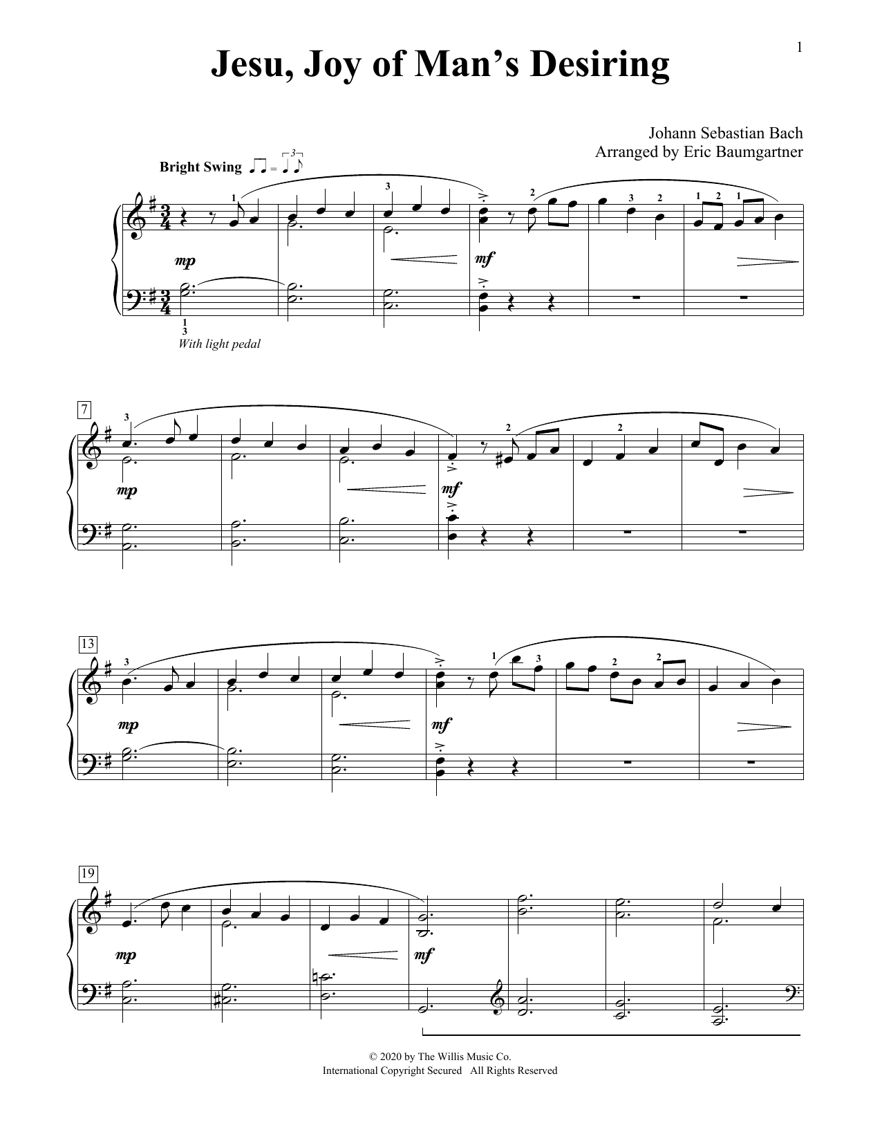 Johann Sebastian Bach Jesu, Joy Of Man's Desiring [Jazz version] (arr. Eric Baumgartner) sheet music notes and chords arranged for Educational Piano