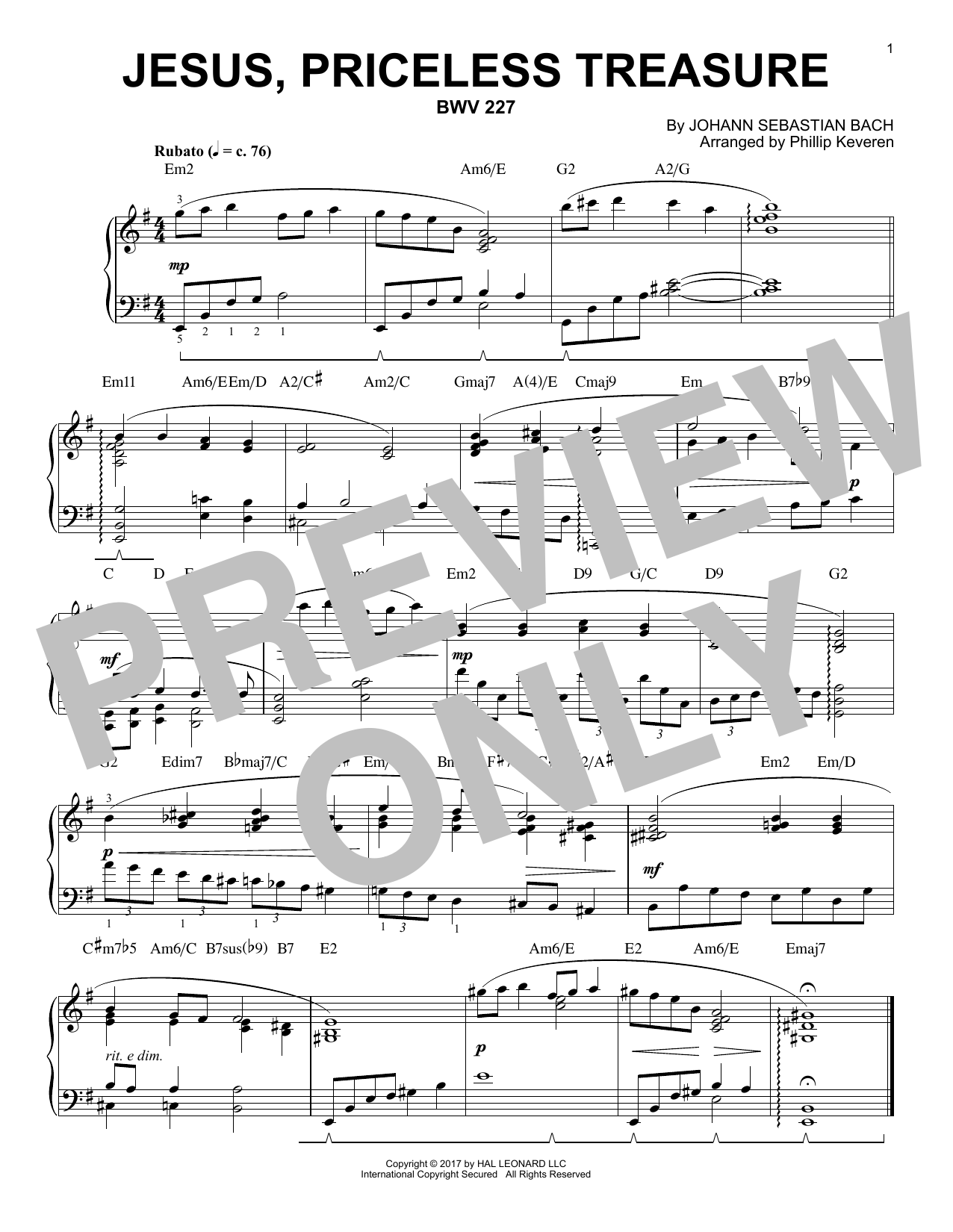 Johann Sebastian Bach Jesus, Priceless Treasure, BWV 227 [Jazz version] (arr. Phillip Keveren) sheet music notes and chords arranged for Piano Solo