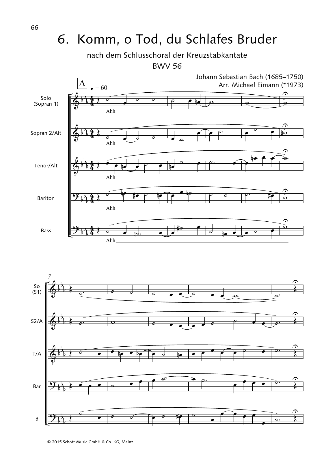 Johann Sebastian Bach Komm, oh Tod, du Schlafes Bruder sheet music notes and chords arranged for Choir