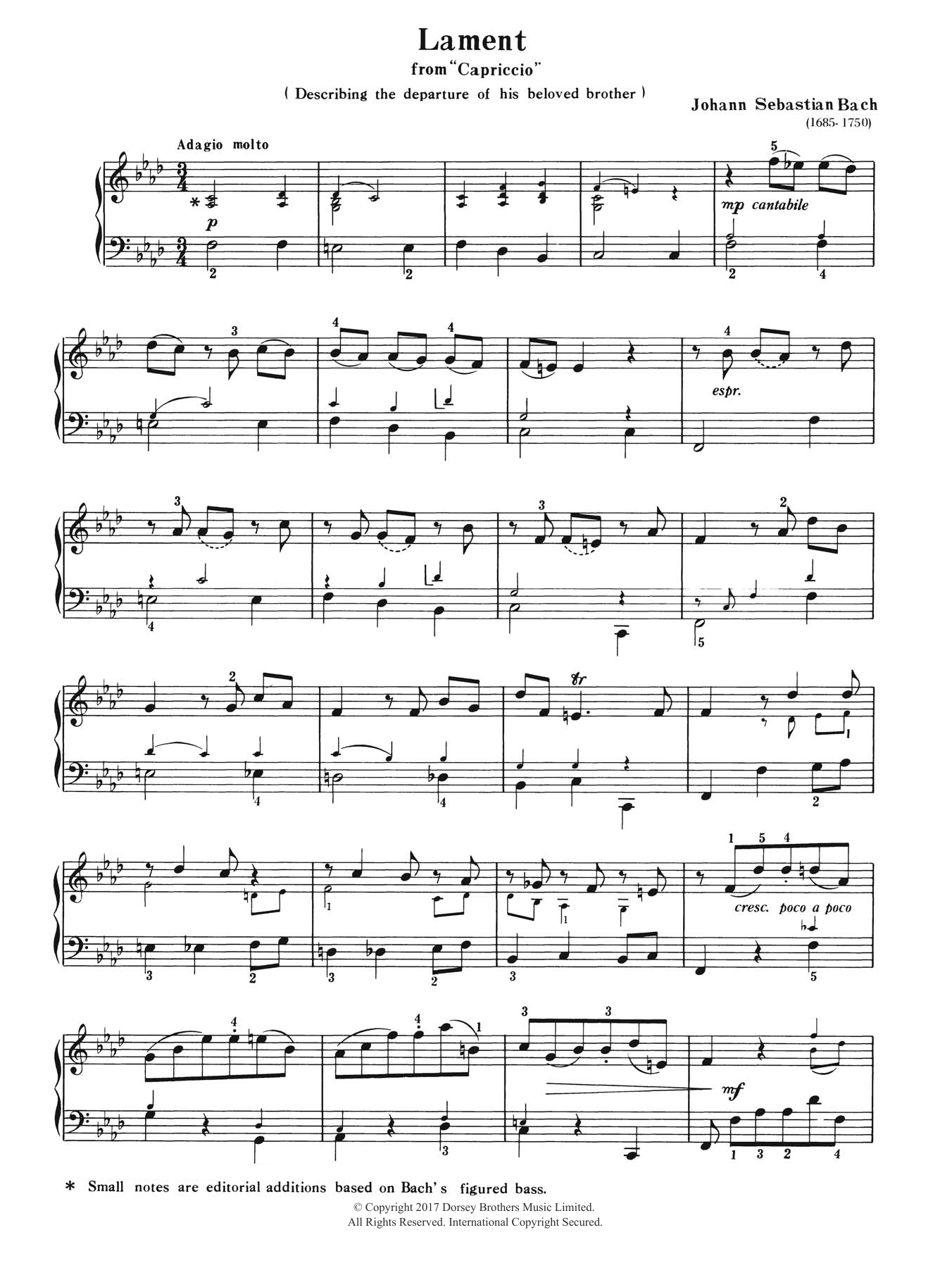 Johann Sebastian Bach Lament (from Capriccio) sheet music notes and chords arranged for Piano Solo