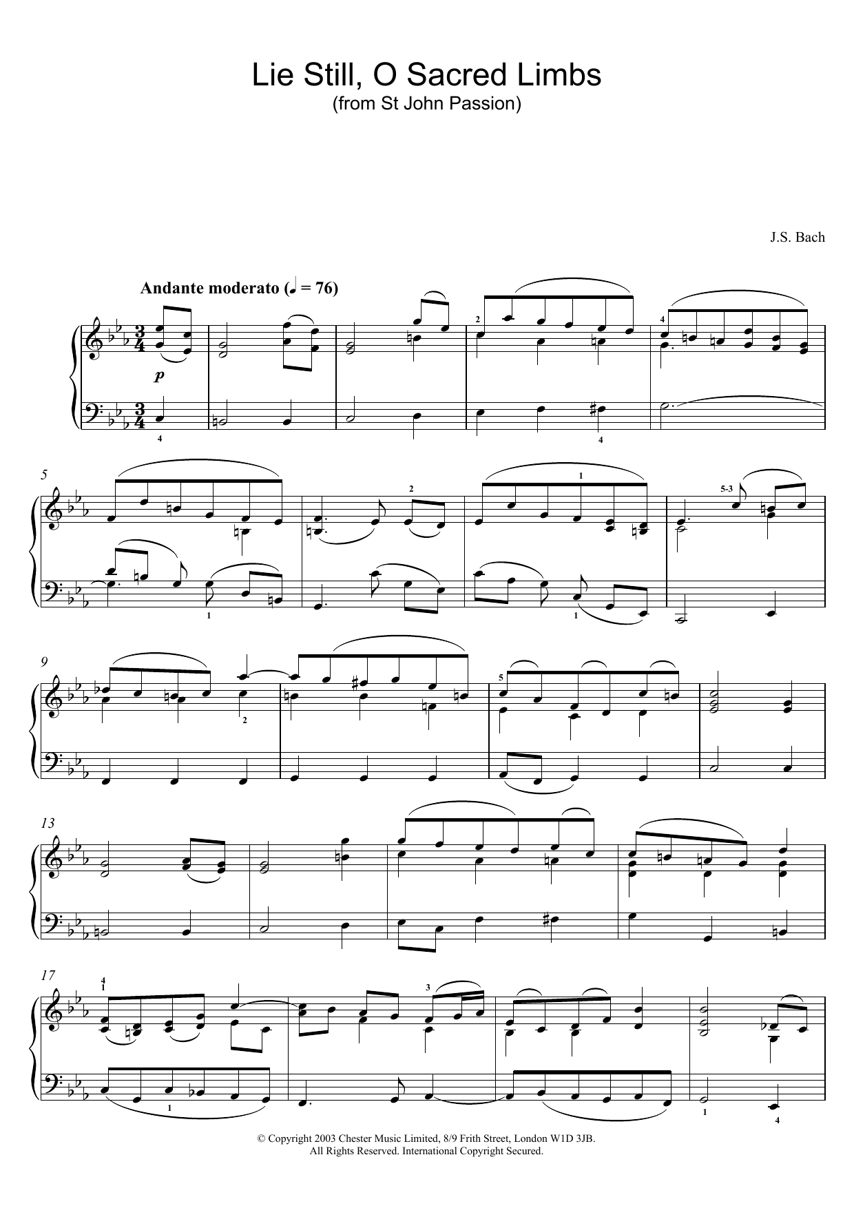 Johann Sebastian Bach Lie Still, O Sacred Limbs (from St John Passion) sheet music notes and chords arranged for Piano Solo