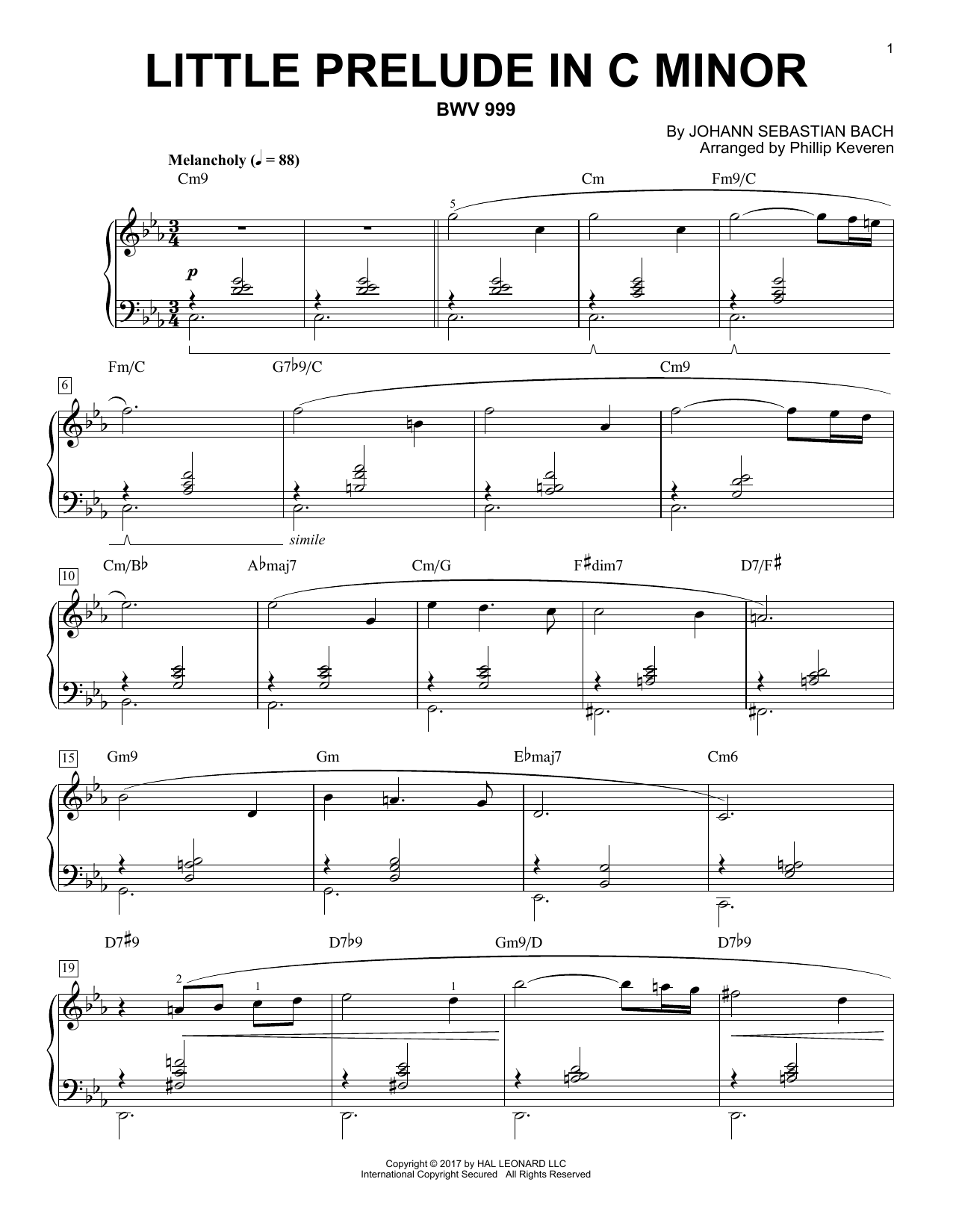 Johann Sebastian Bach Little Prelude in C Minor, BWV 999 [Jazz version] (arr. Phillip Keveren) sheet music notes and chords arranged for Piano Solo