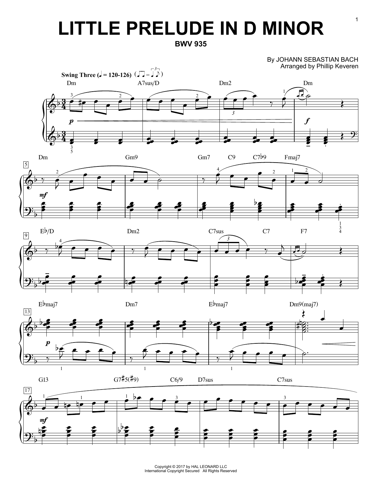 Johann Sebastian Bach Little Prelude In D Minor, BWV 935 [Jazz version] (arr. Phillip Keveren) sheet music notes and chords arranged for Piano Solo