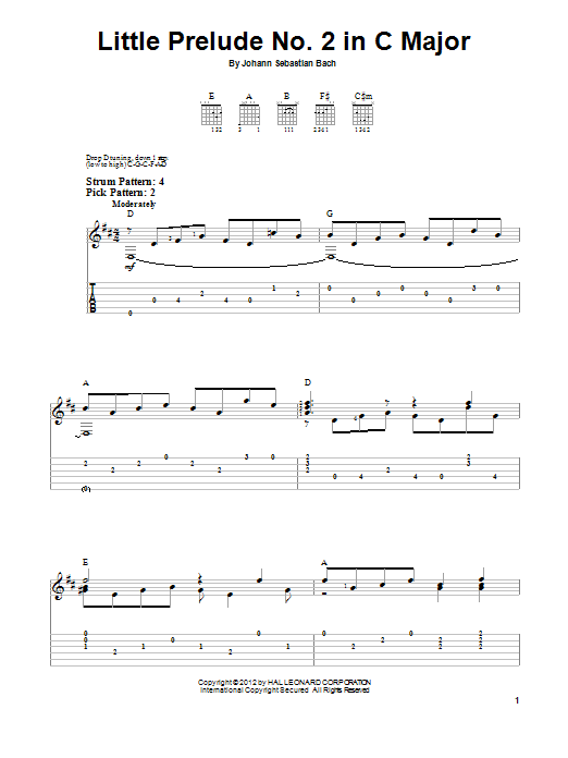 Johann Sebastian Bach Little Prelude No. 2 In C Major sheet music notes and chords arranged for Easy Guitar Tab
