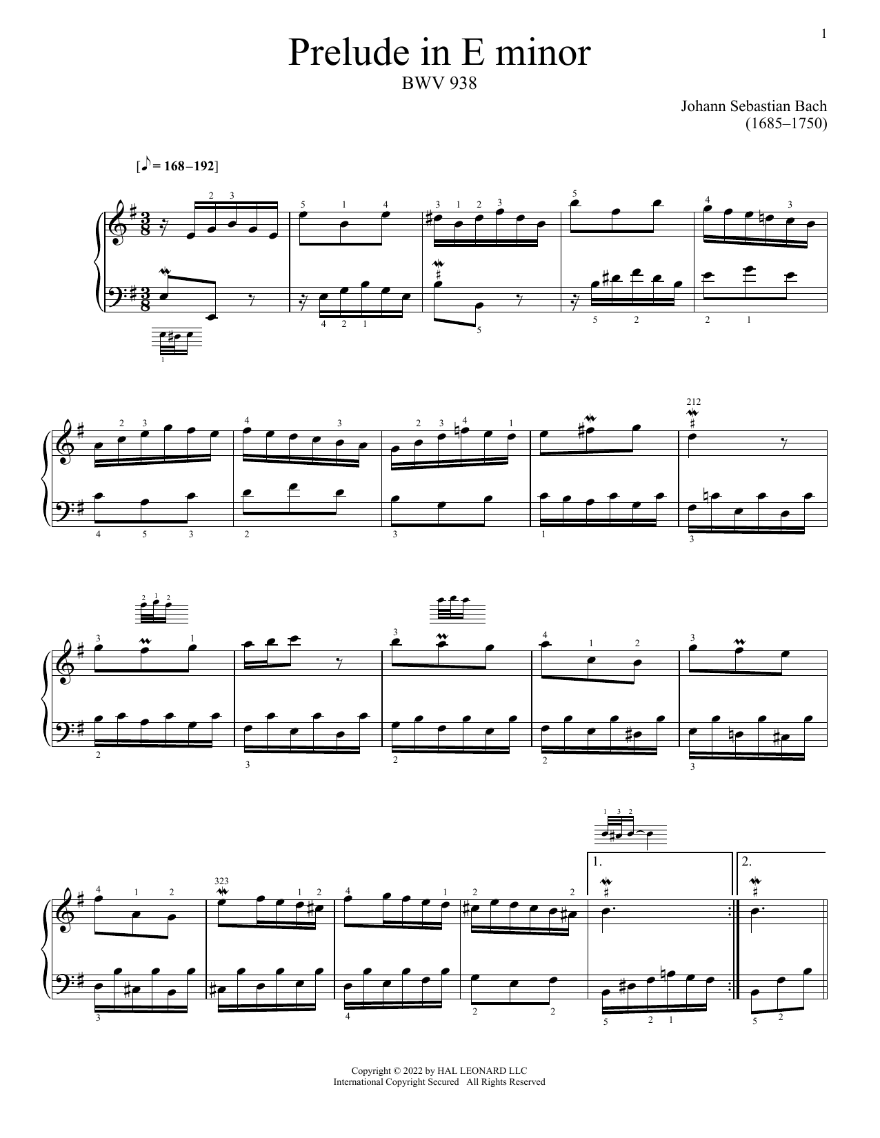Johann Sebastian Bach Little Prelude No. 7 in E Minor sheet music notes and chords arranged for Piano Solo