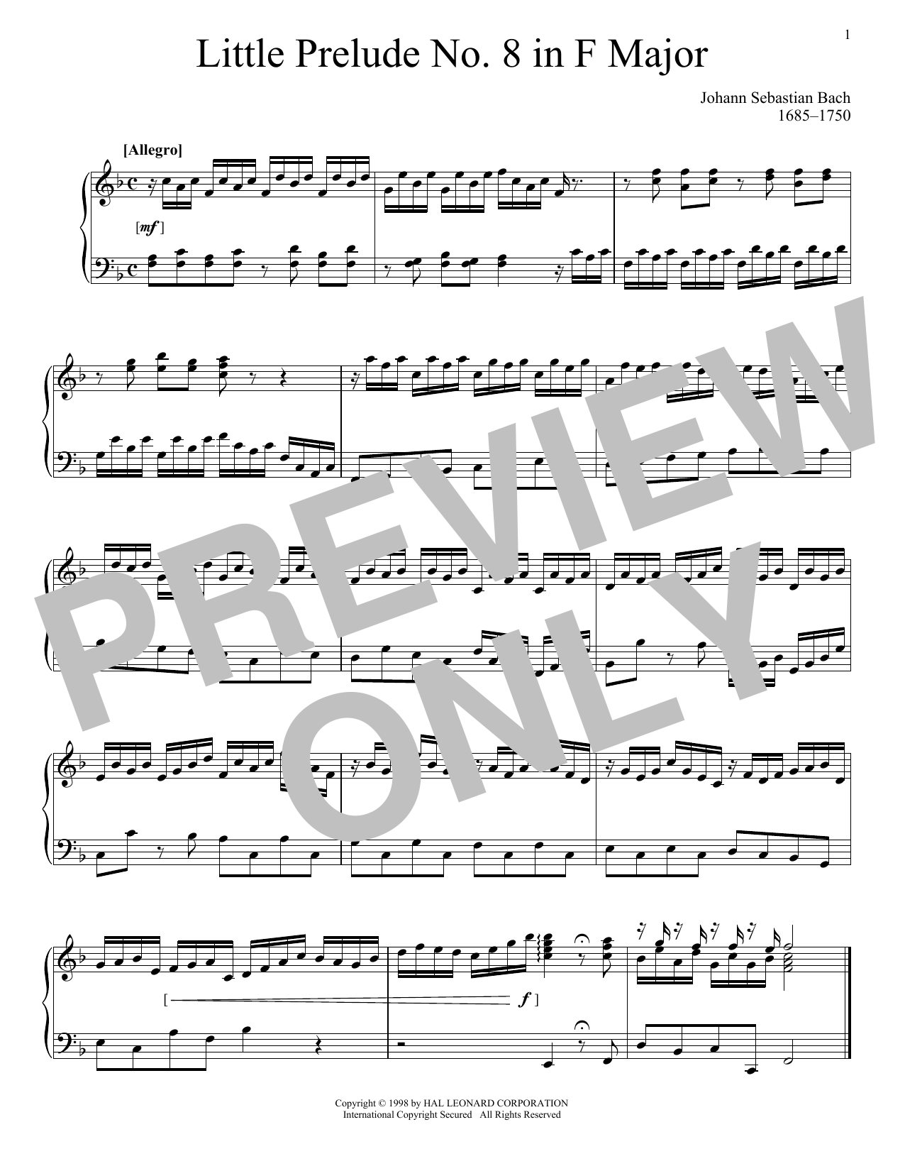 Johann Sebastian Bach Little Prelude No. 8 in F Major sheet music notes and chords arranged for Piano Solo