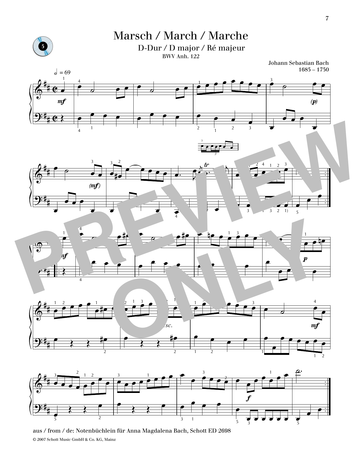 Johann Sebastian Bach March D major sheet music notes and chords arranged for Piano Solo