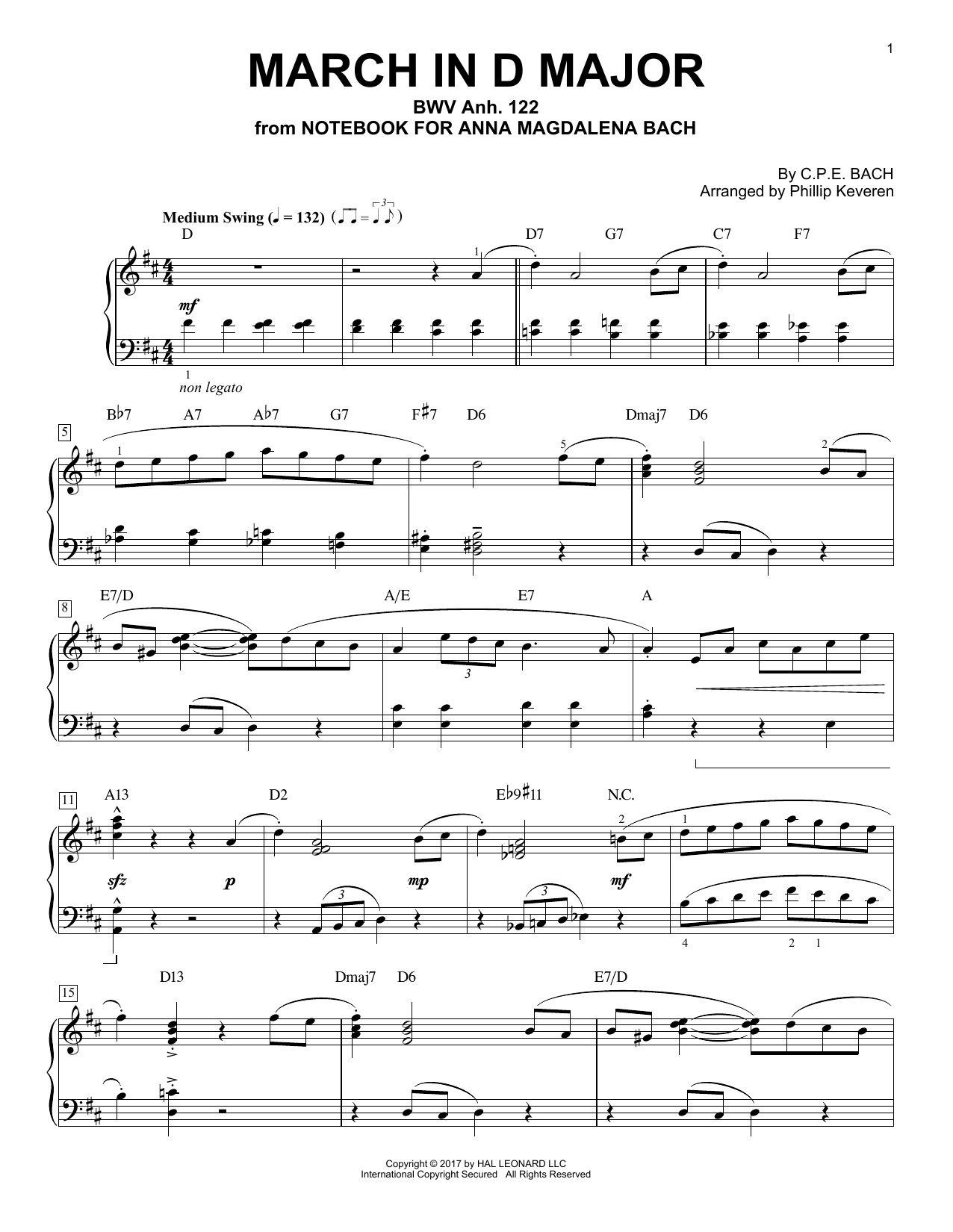 Johann Sebastian Bach March In D Major, BWV Anh. 122 [Jazz version] (arr. Phillip Keveren) sheet music notes and chords arranged for Piano Solo