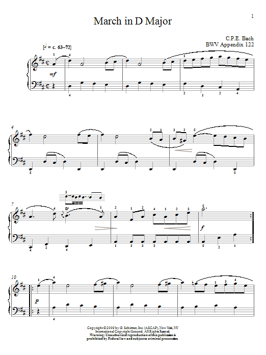 Johann Sebastian Bach March In D Major, BWV App. 122 sheet music notes and chords arranged for Piano Solo
