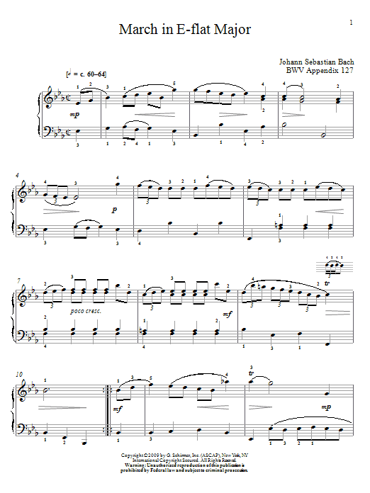 Johann Sebastian Bach March In E-Flat Major, BWV App. 124 sheet music notes and chords arranged for Piano Solo