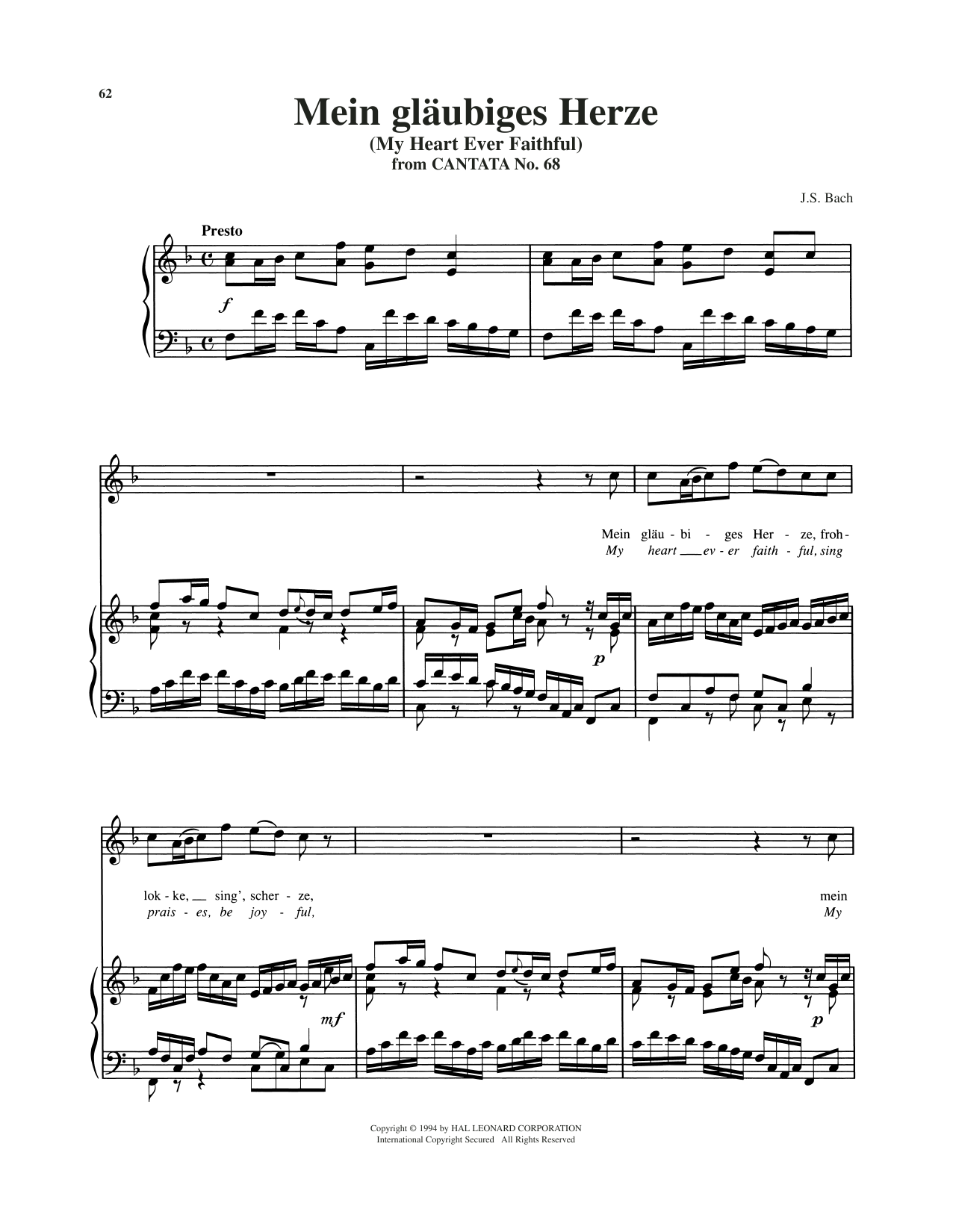 Johann Sebastian Bach Mein Glaubiges Herze sheet music notes and chords arranged for Piano & Vocal