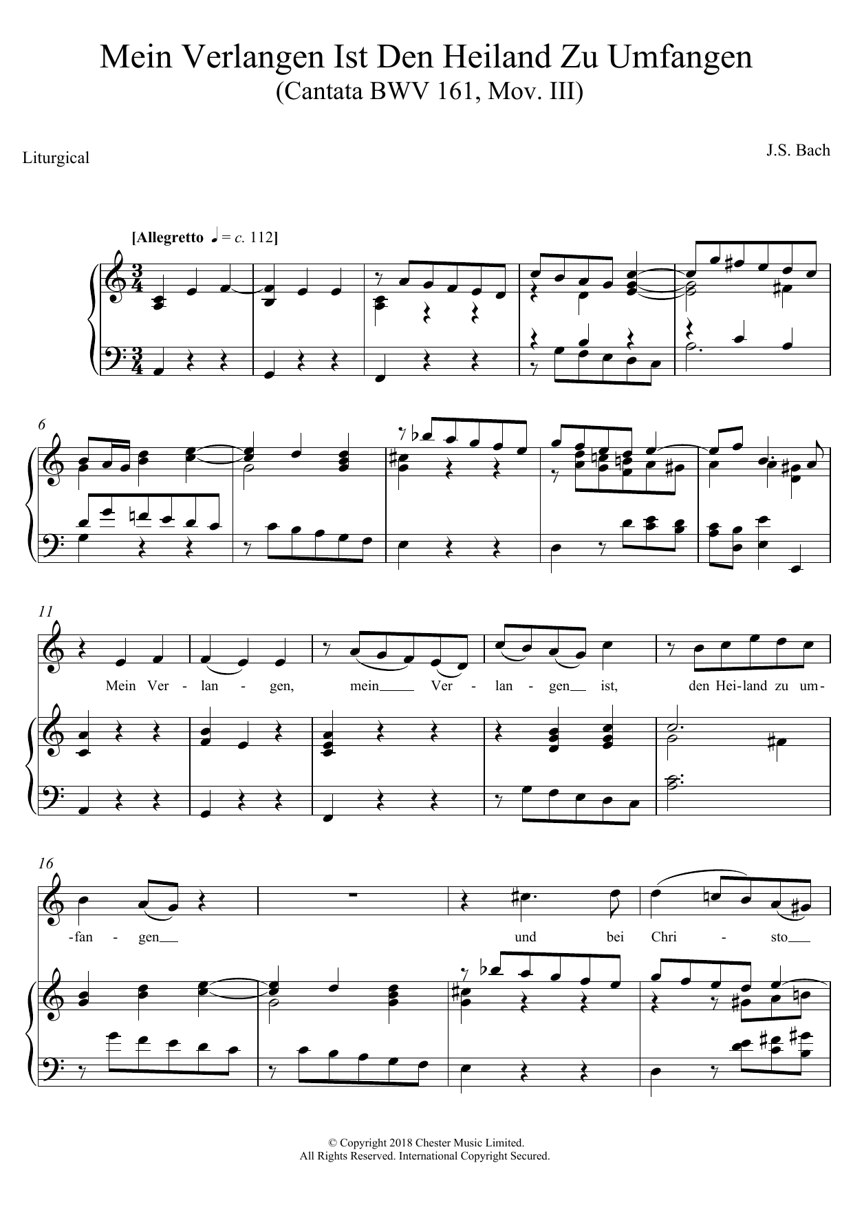 Johann Sebastian Bach Mein Verlangen Ist Den Heiland Zu Umfangen (Cantata BWV 161, Mov. III) sheet music notes and chords arranged for Piano, Vocal & Guitar Chords