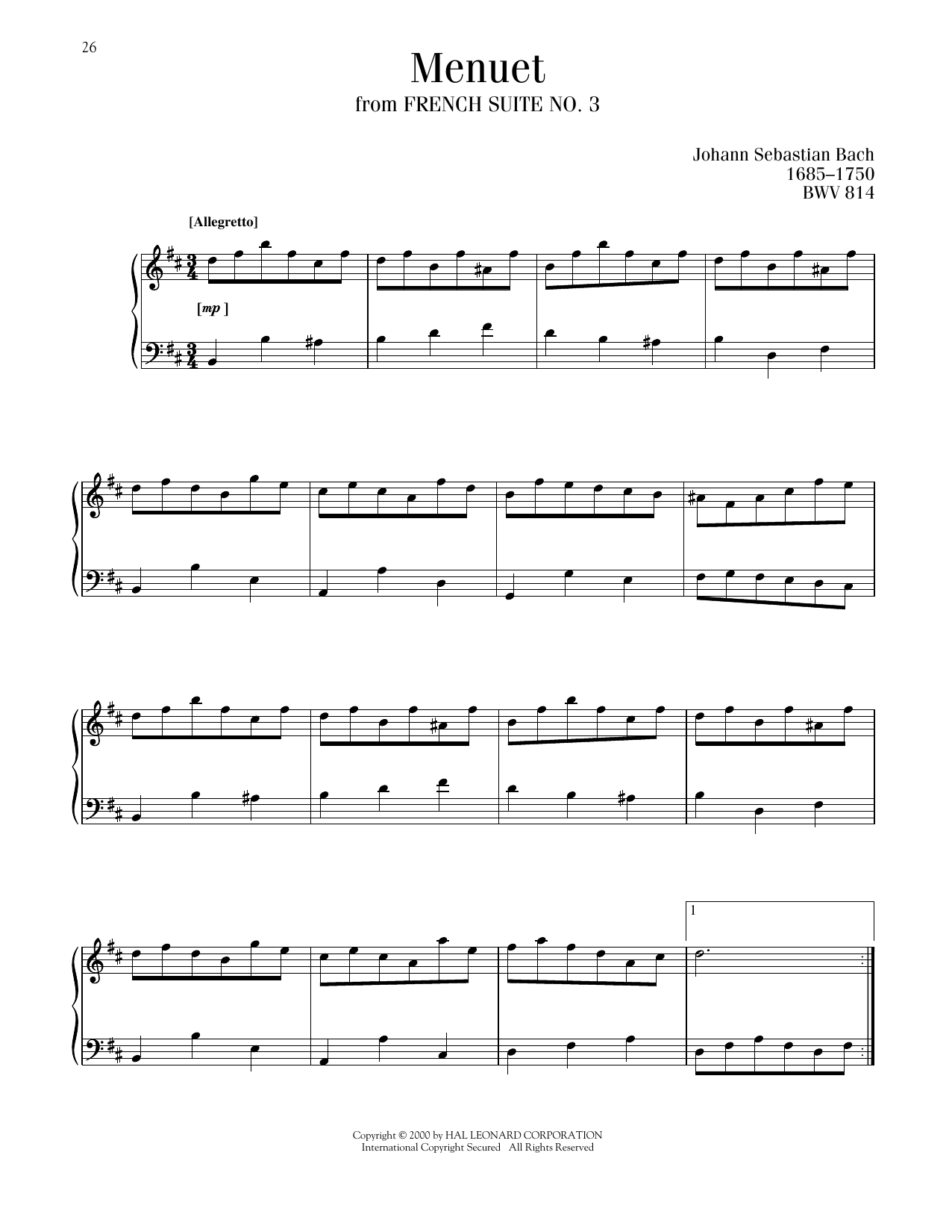 Johann Sebastian Bach Menuet I, BWV 814 sheet music notes and chords arranged for Piano Solo