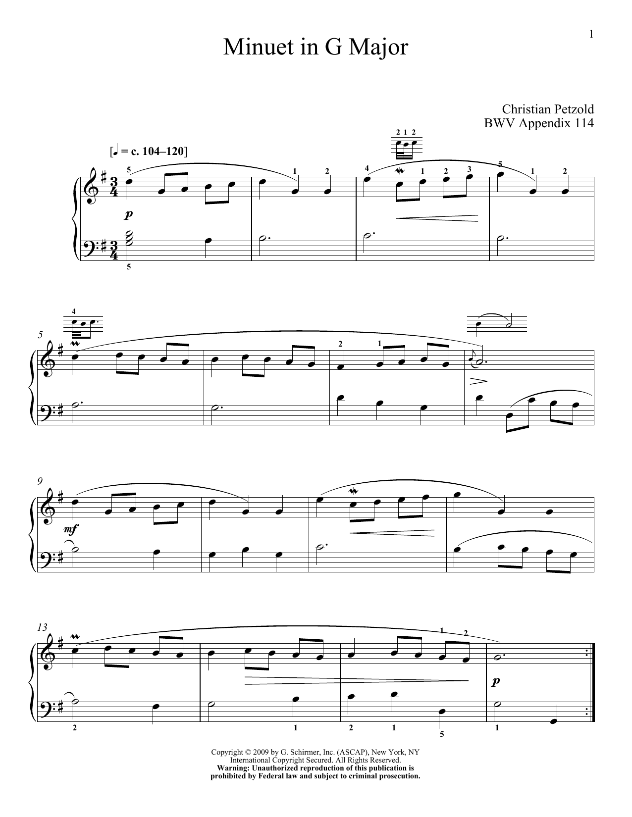 Johann Sebastian Bach Menuet In G Major, BWV App. 114 sheet music notes and chords arranged for Piano Solo