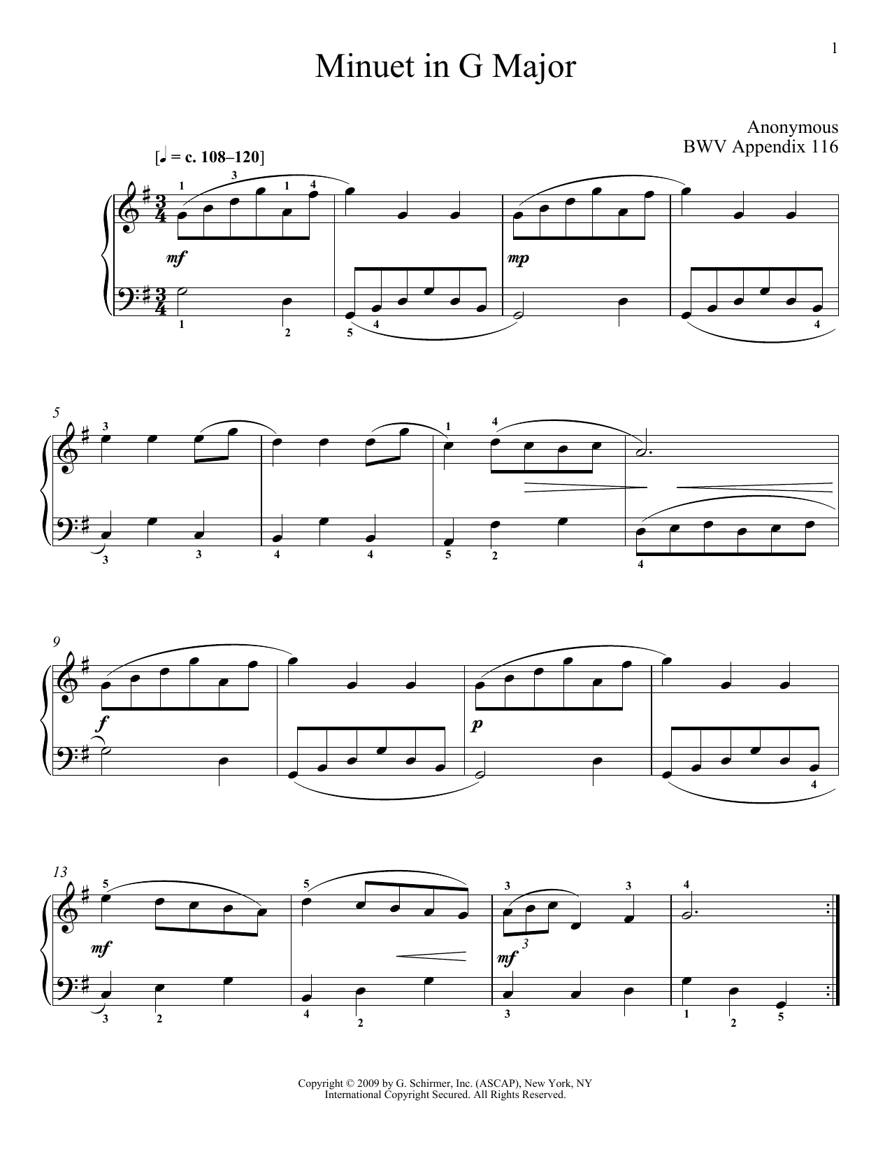 Johann Sebastian Bach Menuet In G Major, BWV App. 116 sheet music notes and chords arranged for Piano Solo