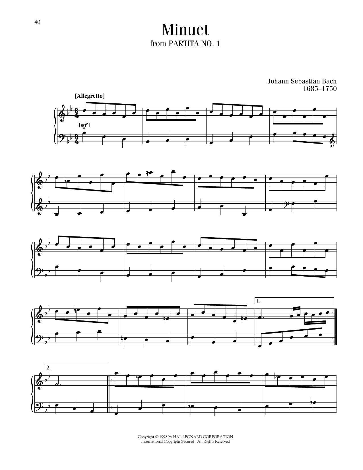 Johann Sebastian Bach Menuet sheet music notes and chords arranged for Piano Solo