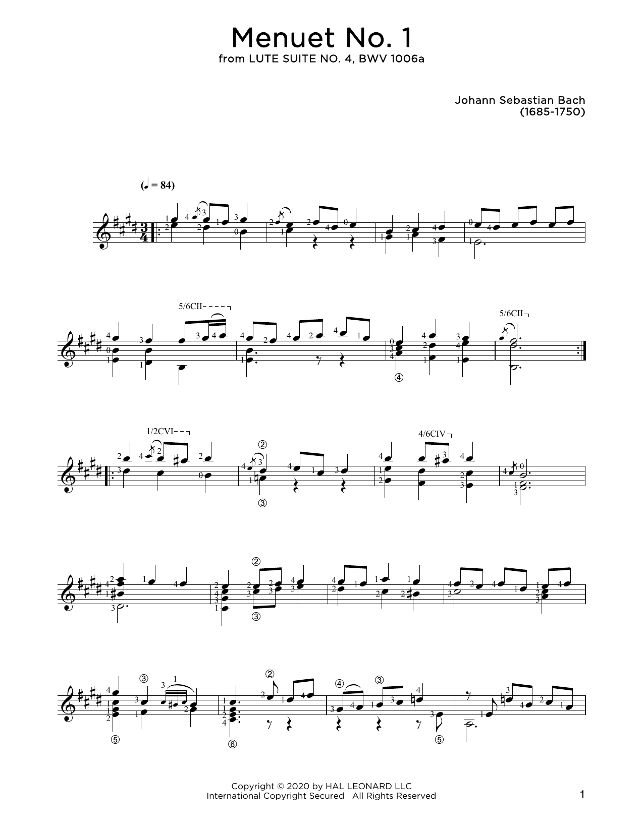Johann Sebastian Bach Menuet No. 1 sheet music notes and chords arranged for Solo Guitar