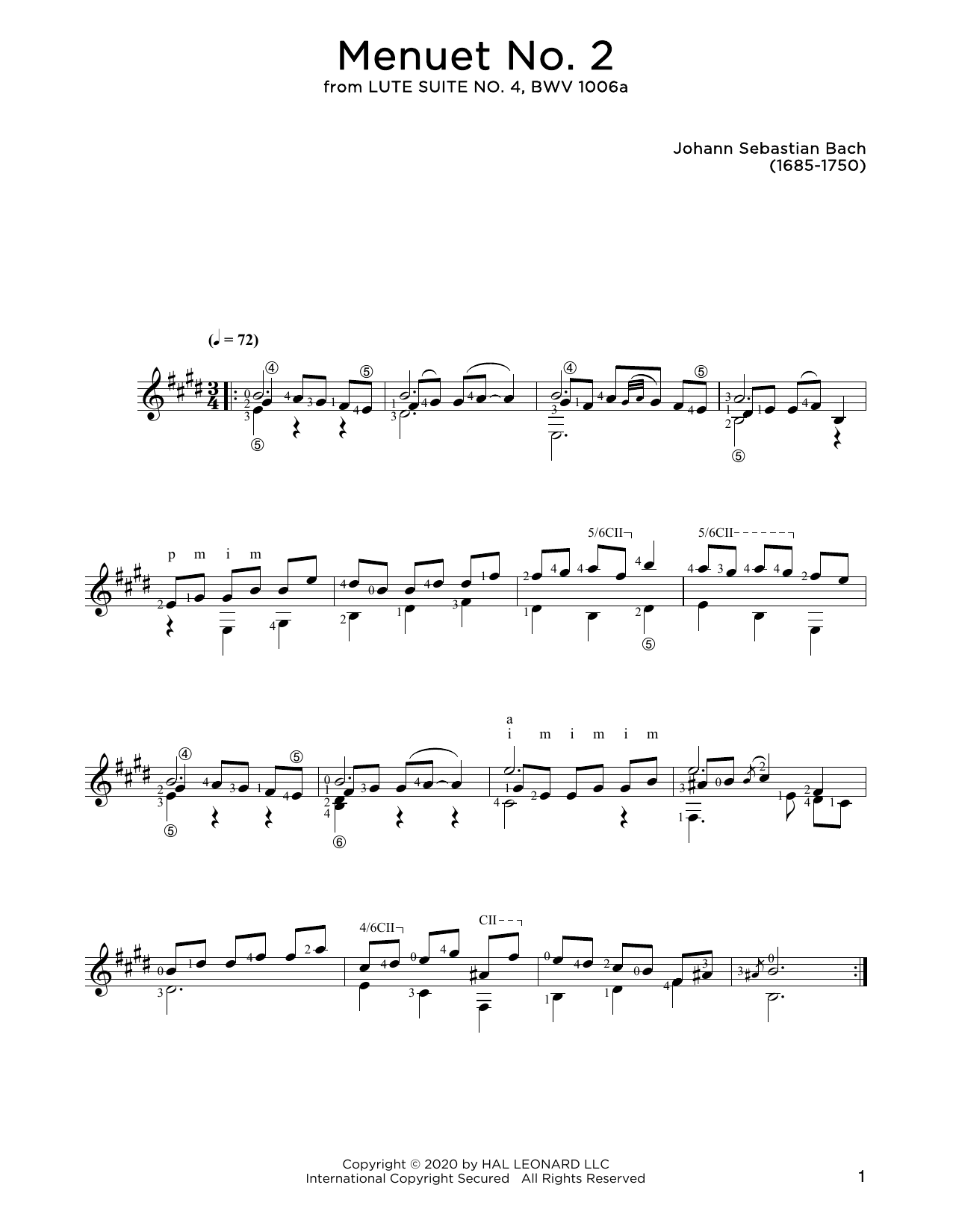 Johann Sebastian Bach Menuet No. 2 sheet music notes and chords arranged for Solo Guitar