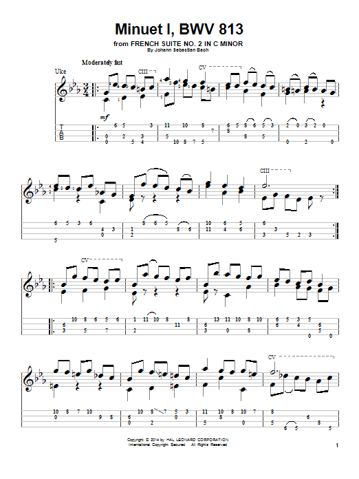 J.S. Bach Minuet 1, BWV 813 sheet music notes and chords arranged for Ukulele