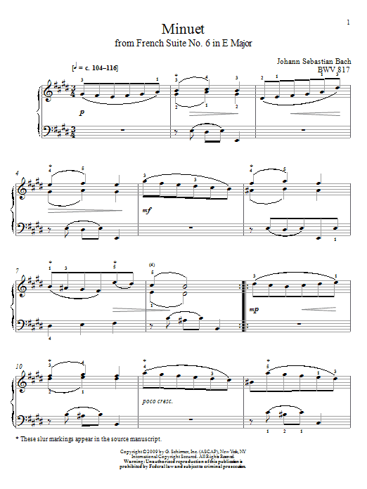 Johann Sebastian Bach Minuet, BWV 817 sheet music notes and chords arranged for Piano Solo