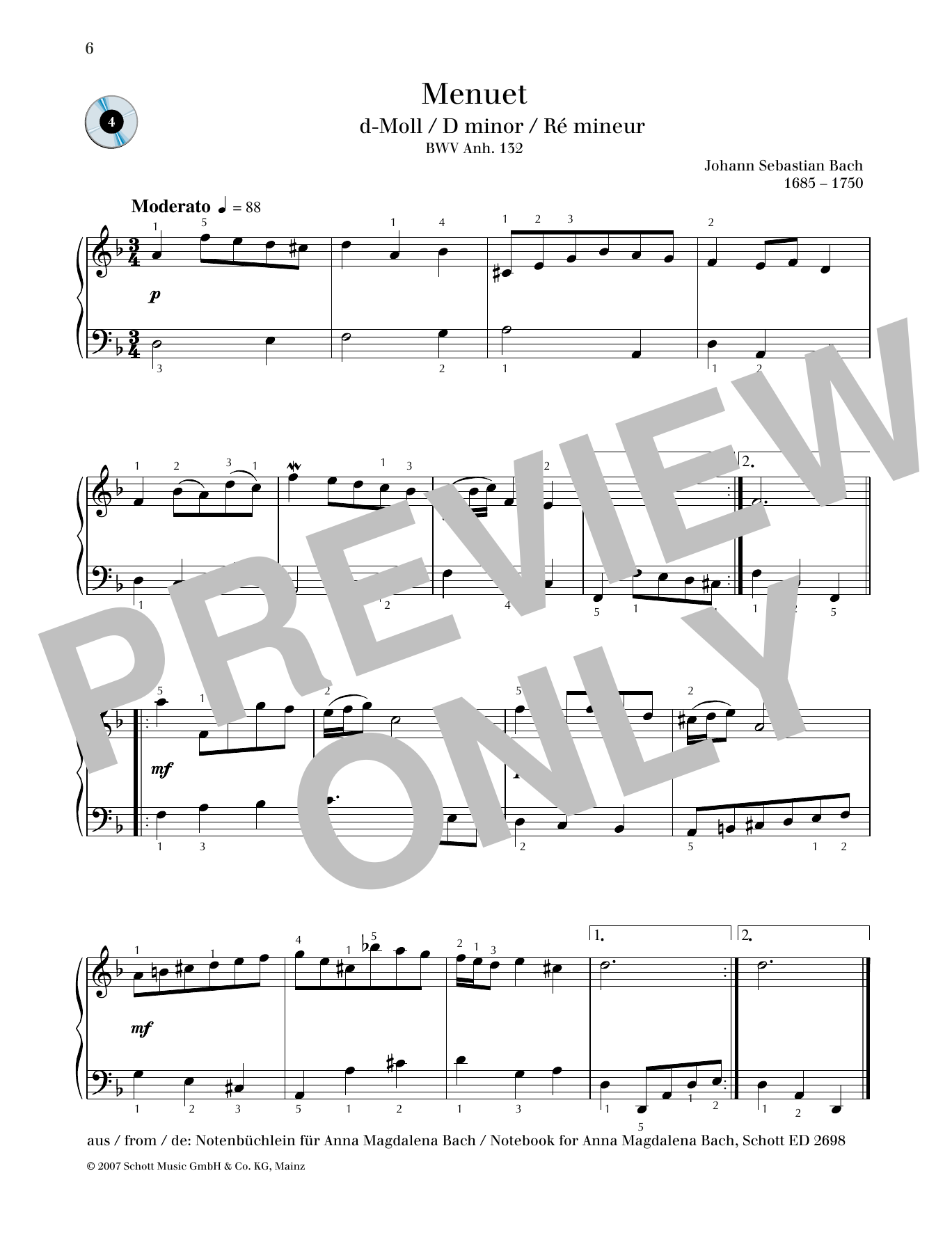 Johann Sebastian Bach Minuet D minor sheet music notes and chords arranged for Piano Solo