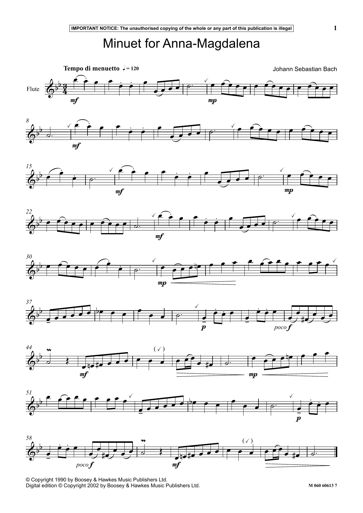 Johann Sebastian Bach Minuet For Anna Magdalena sheet music notes and chords arranged for Instrumental Solo