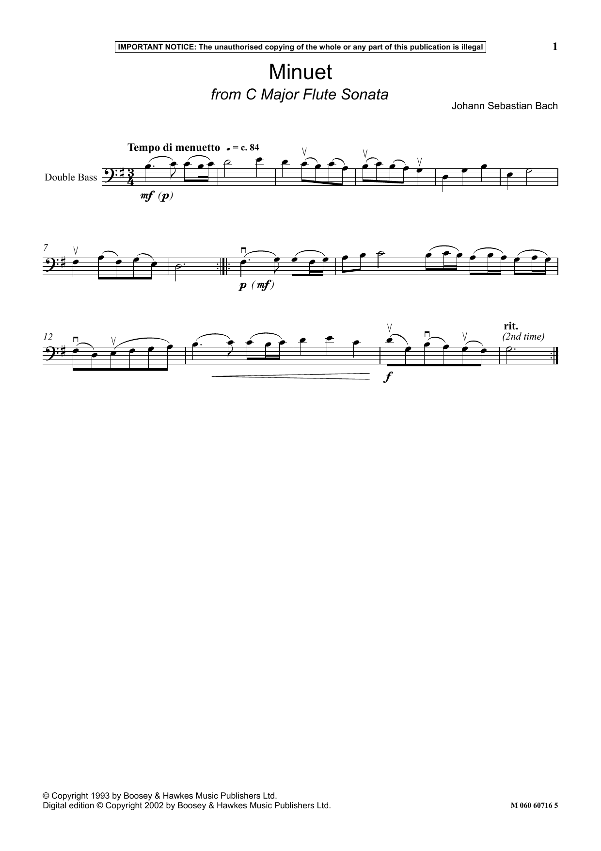 Johann Sebastian Bach Minuet (from C Major Flute Sonata) sheet music notes and chords arranged for Instrumental Solo