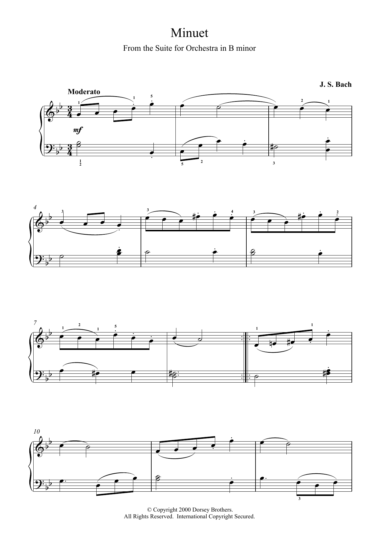 Johann Sebastian Bach Minuet (from Orchestral Suite No. 2 in B Minor) sheet music notes and chords arranged for Piano Solo