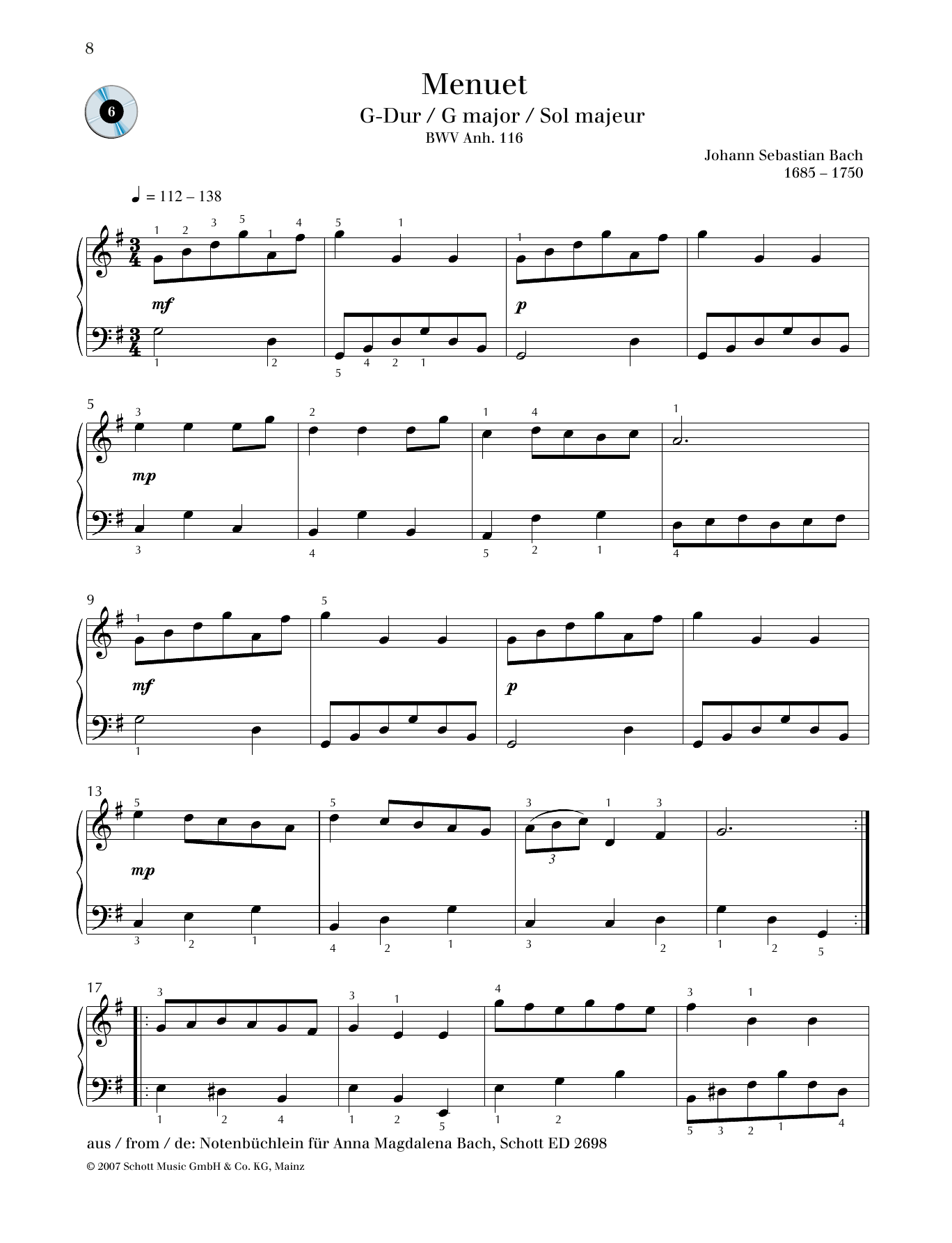 Johann Sebastian Bach Minuet G major sheet music notes and chords arranged for Piano Solo