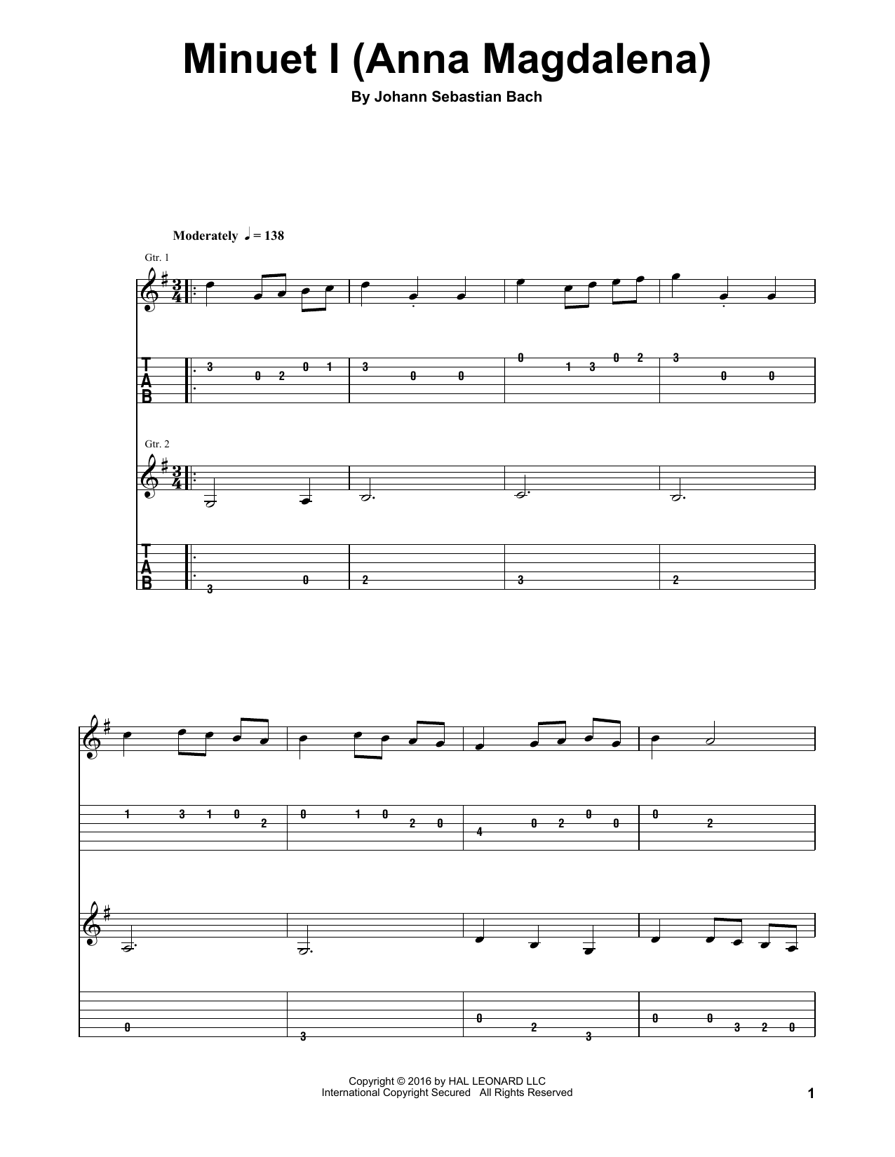 Johann Sebastian Bach Minuet I (Anna Magdalena) sheet music notes and chords arranged for Guitar Tab (Single Guitar)