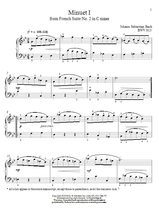 Johann Sebastian Bach Minuet I, BWV 813 sheet music notes and chords arranged for Piano Solo