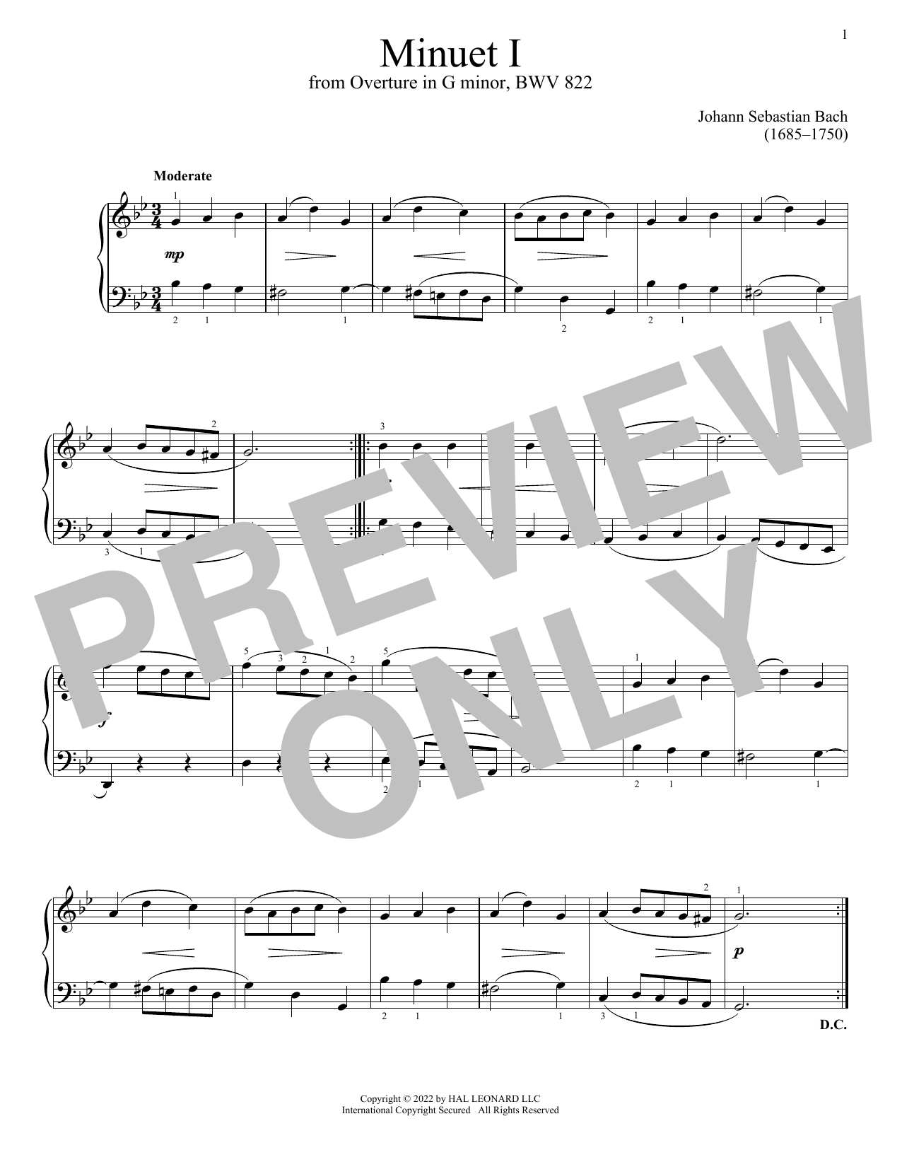 Johann Sebastian Bach Minuet I In G Minor, BWV 822 sheet music notes and chords arranged for Piano Solo