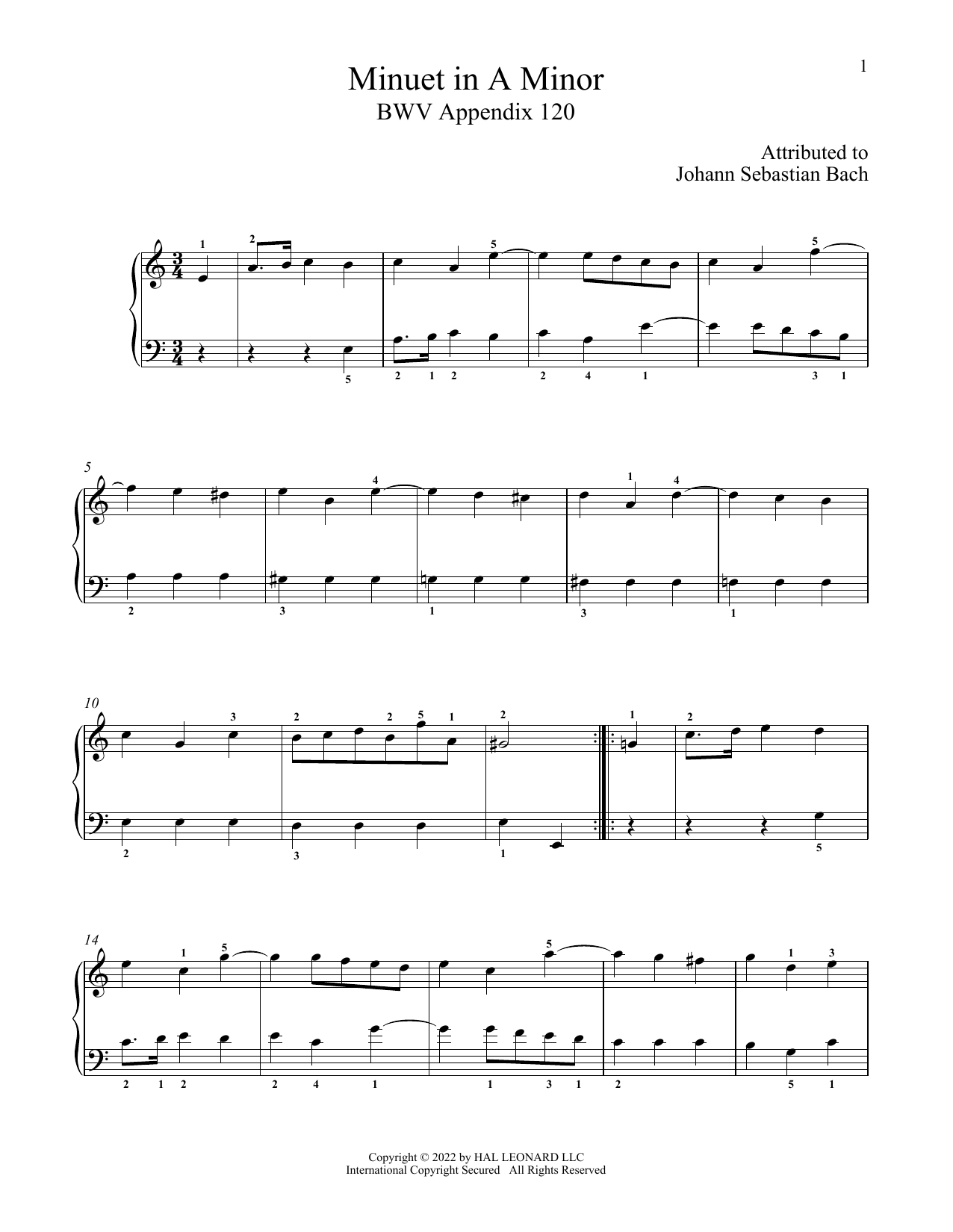 Johann Sebastian Bach Minuet In A Minor, Anh. 120 sheet music notes and chords arranged for Piano Solo