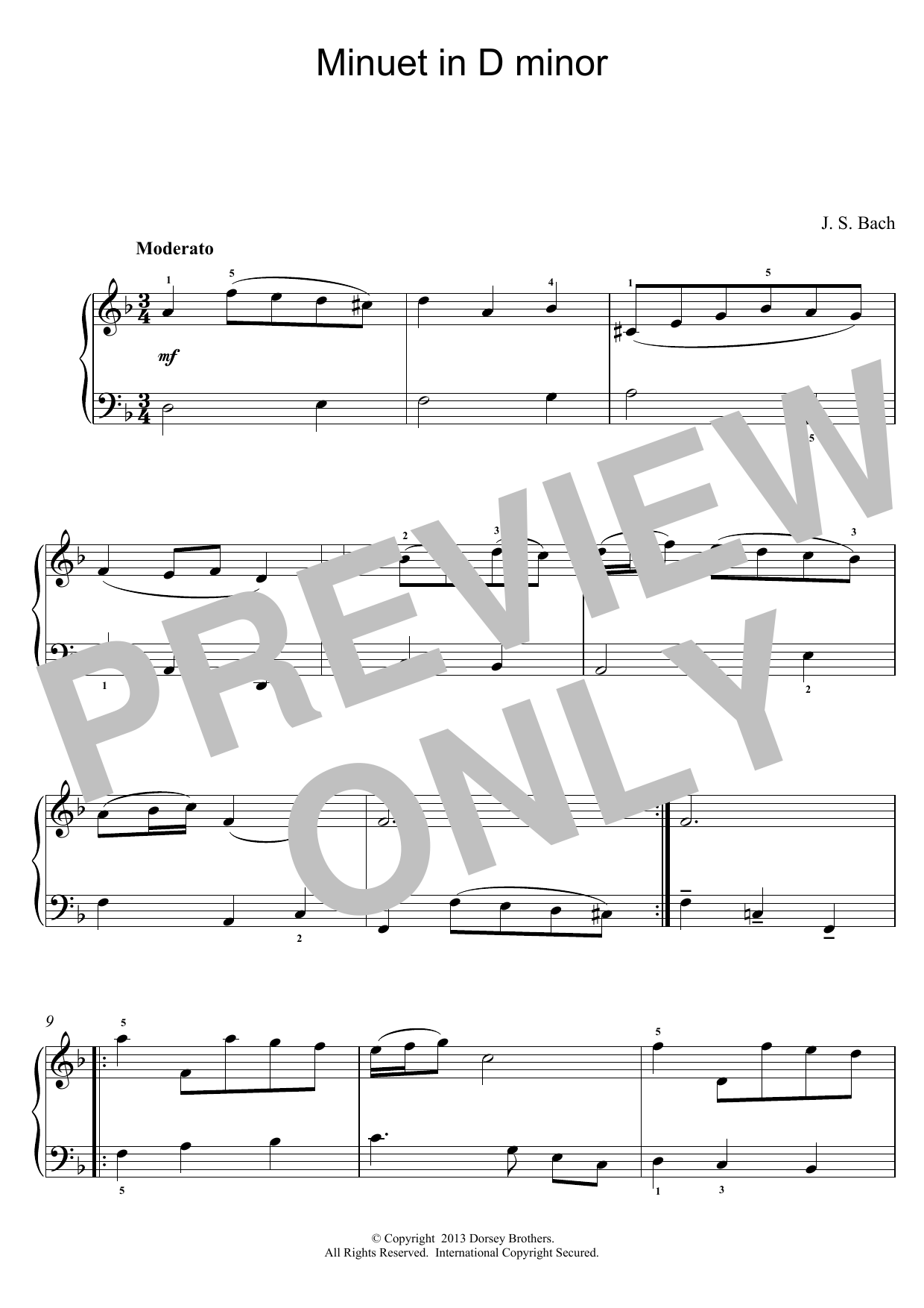 Johann Sebastian Bach Minuet In D Minor sheet music notes and chords arranged for Piano Solo
