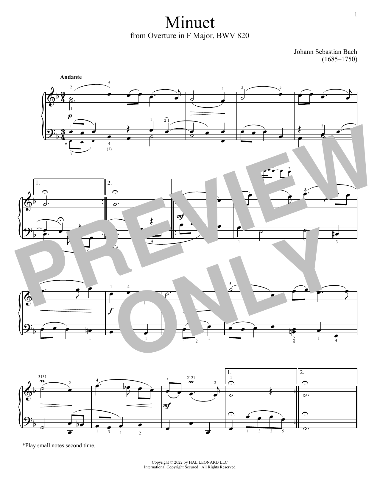 Johann Sebastian Bach Minuet In F Major, BWV 820 sheet music notes and chords arranged for Piano Solo