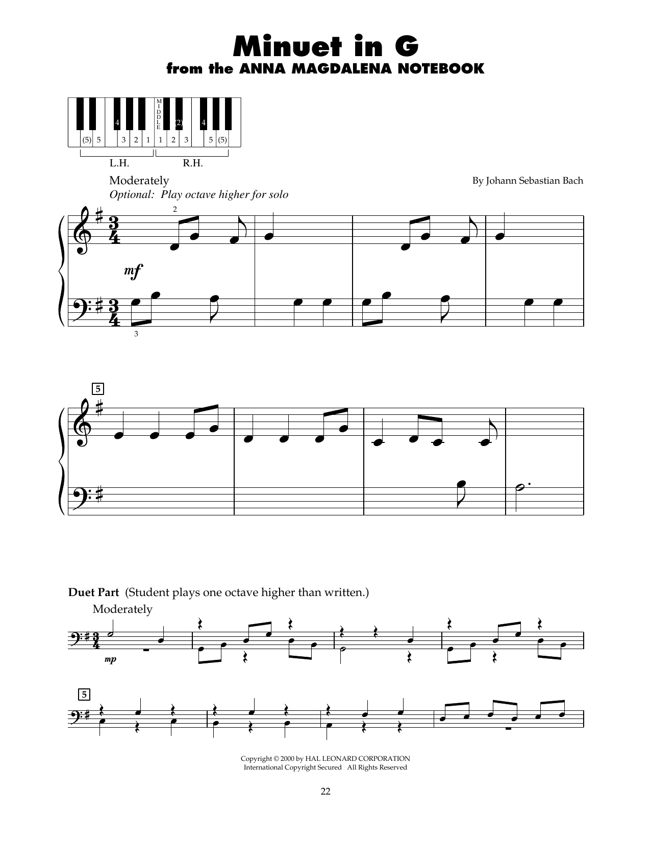 Johann Sebastian Bach Minuet In G (arr. Carol Klose) sheet music notes and chords arranged for 5-Finger Piano