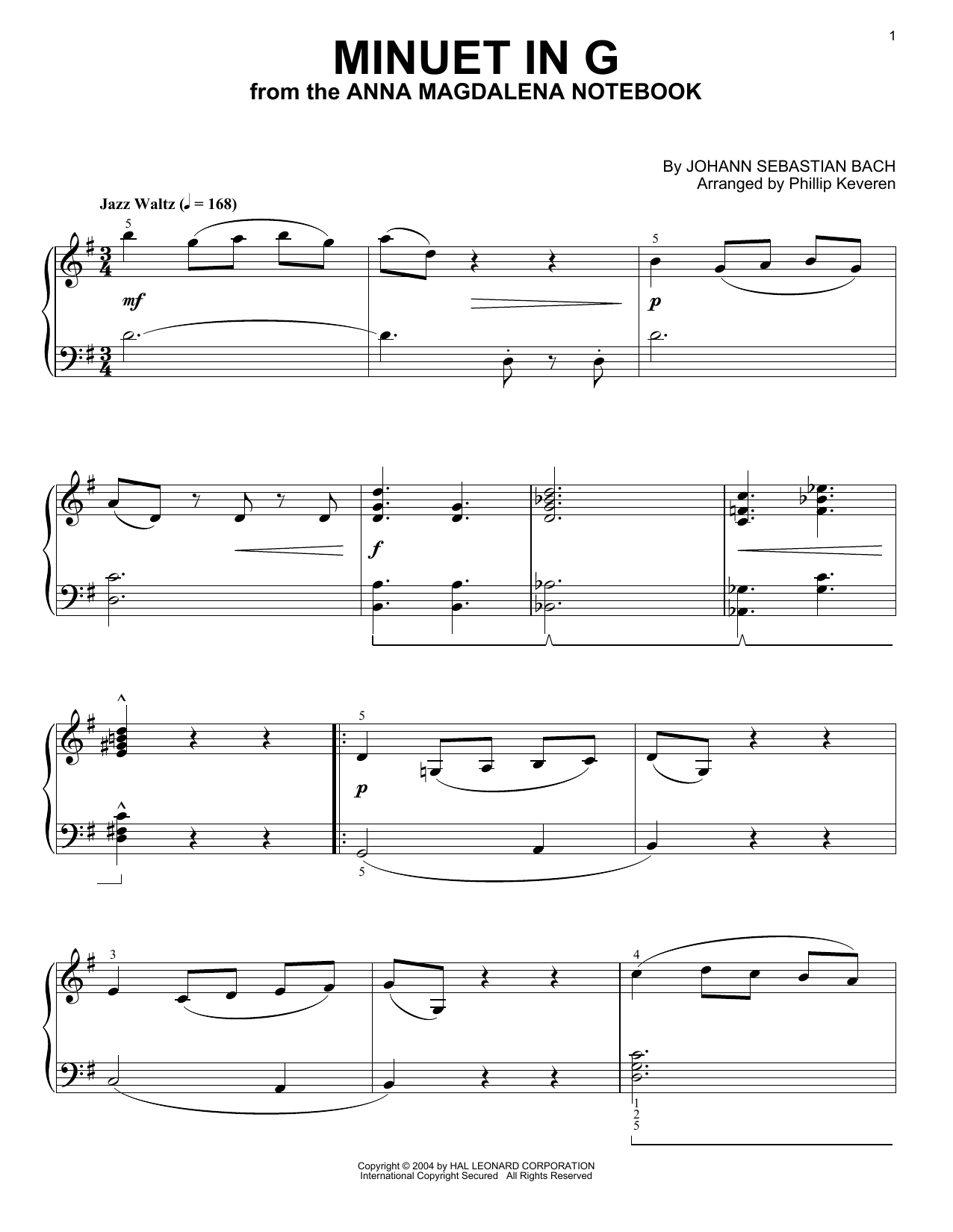 Johann Sebastian Bach Minuet In G [Jazz version] (arr. Phillip Keveren) sheet music notes and chords arranged for Piano Solo