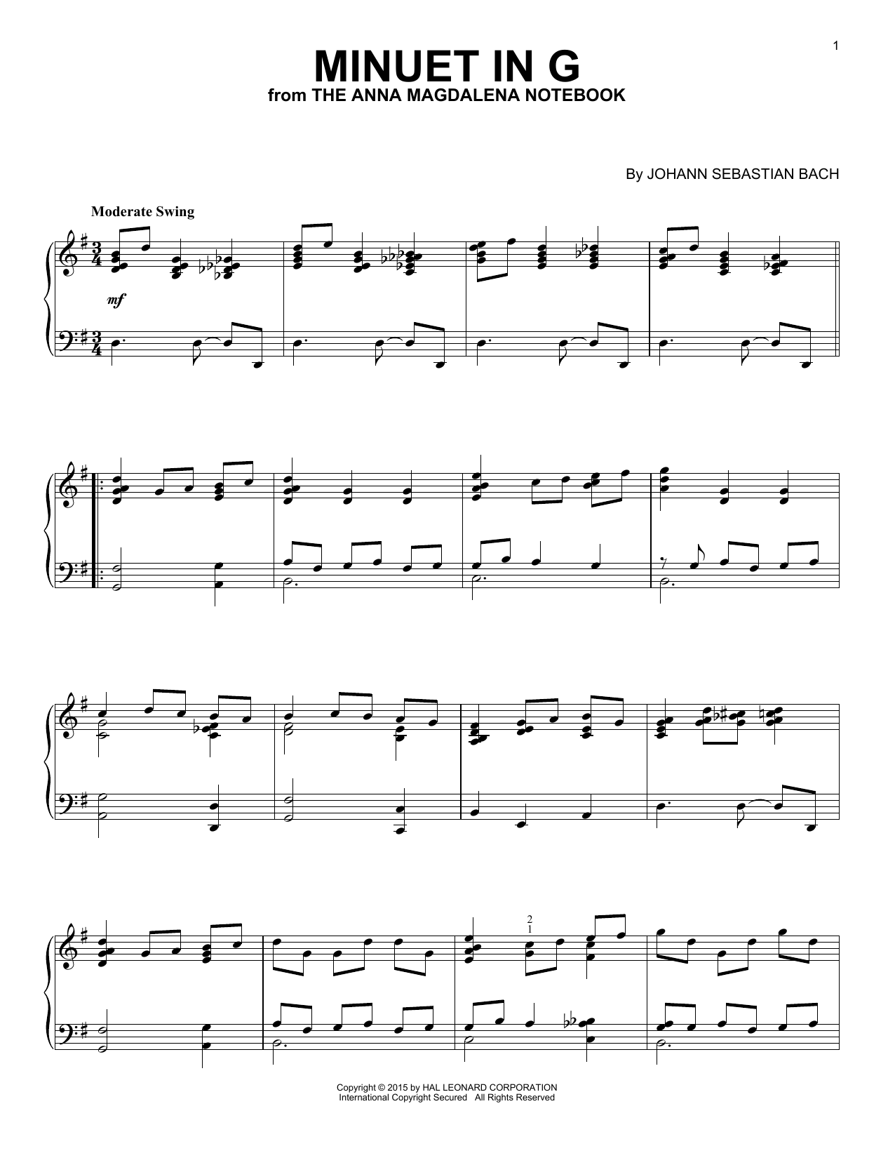 Johann Sebastian Bach Minuet In G [Jazz version] sheet music notes and chords arranged for Piano Solo