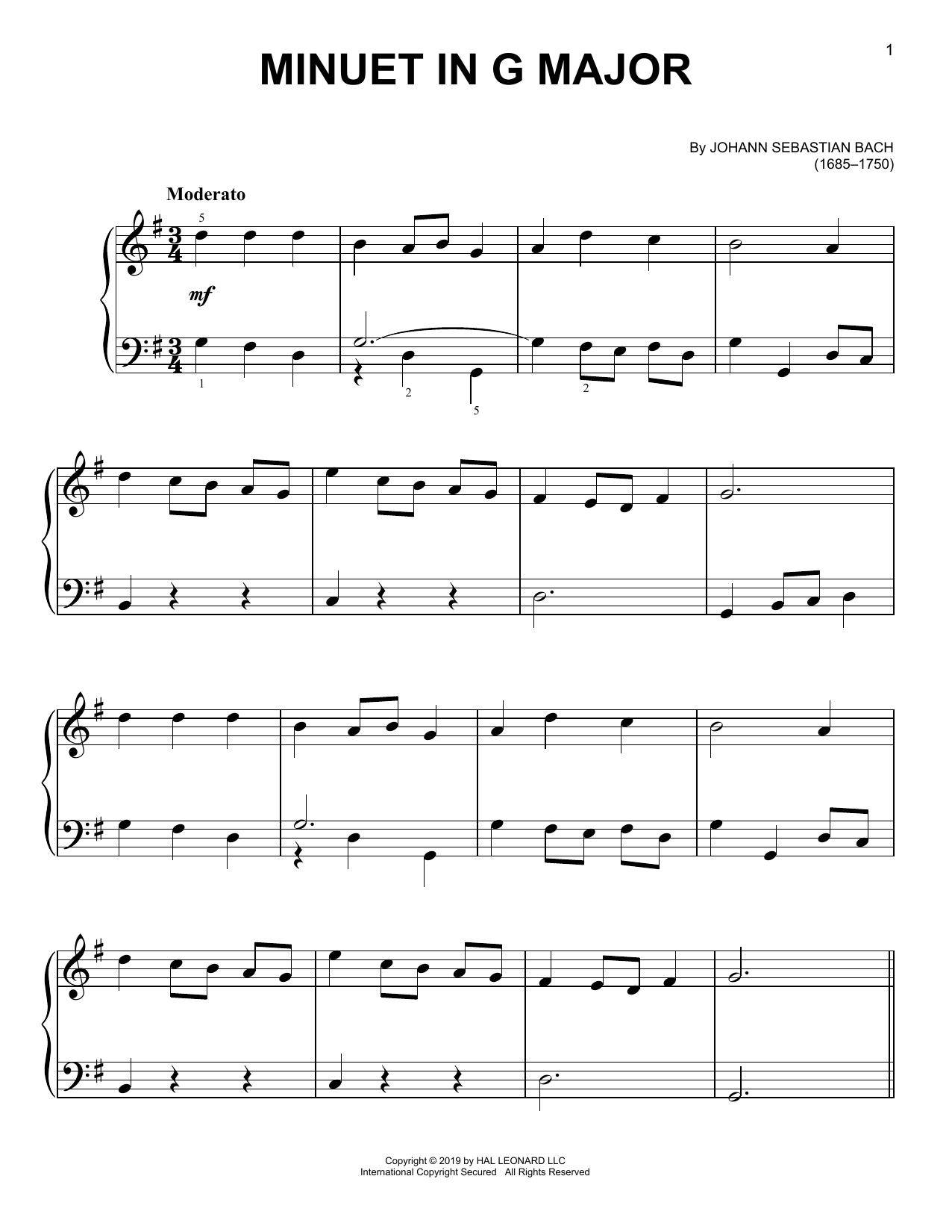 Johann Sebastian Bach Minuet In G Major sheet music notes and chords arranged for Easy Piano