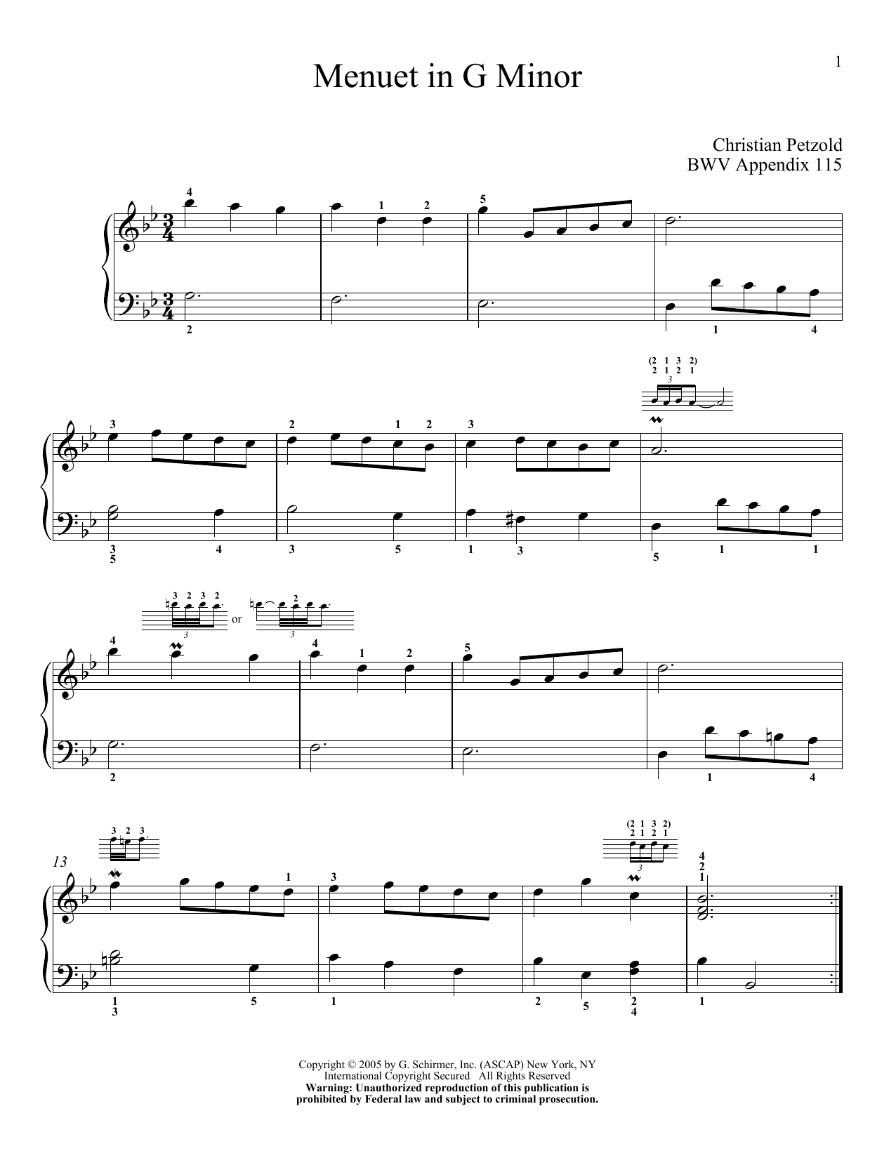 Johann Sebastian Bach Minuet In G Minor sheet music notes and chords arranged for Piano Solo