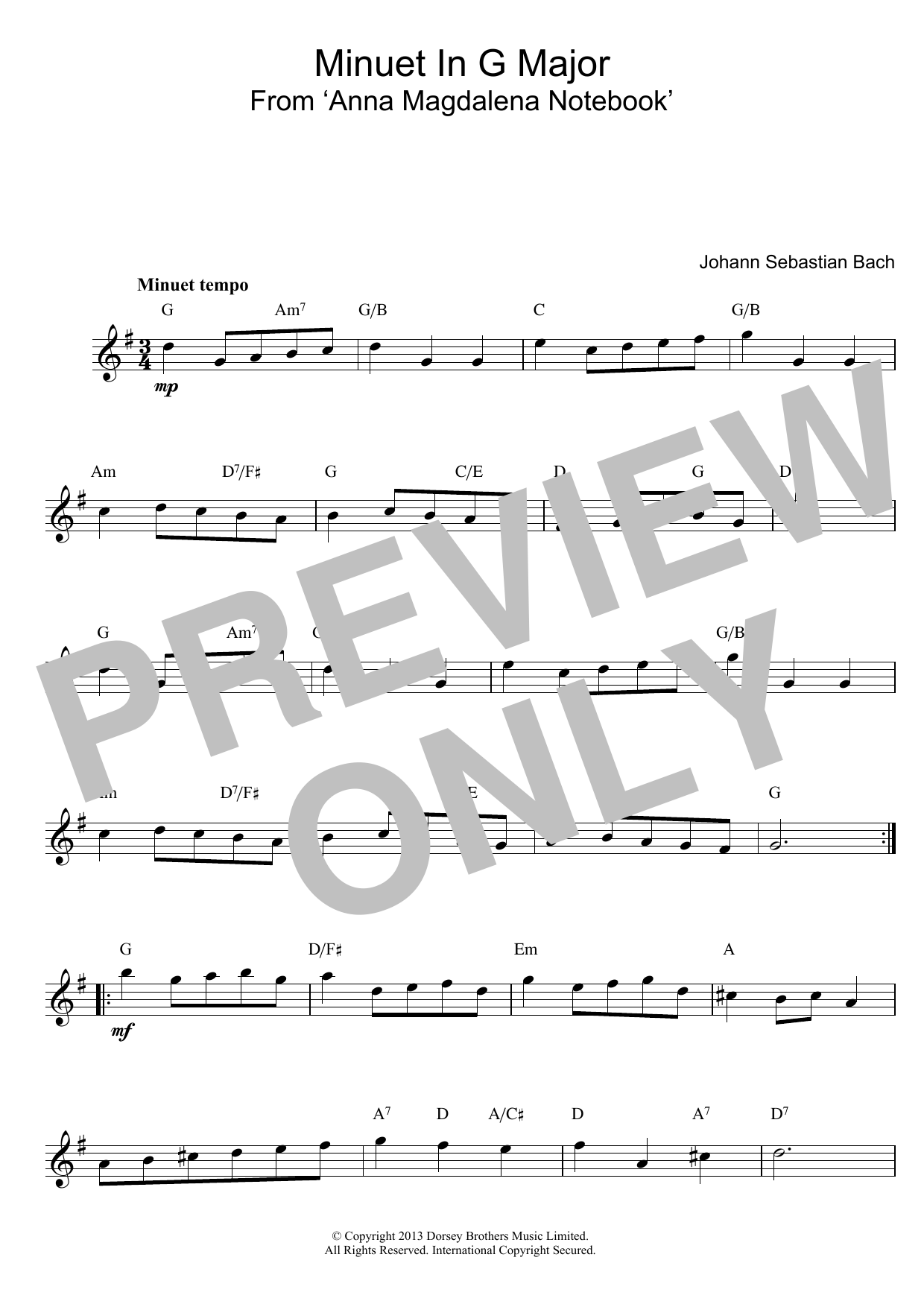 Johann Sebastian Bach Minuet In G sheet music notes and chords arranged for Guitar Ensemble