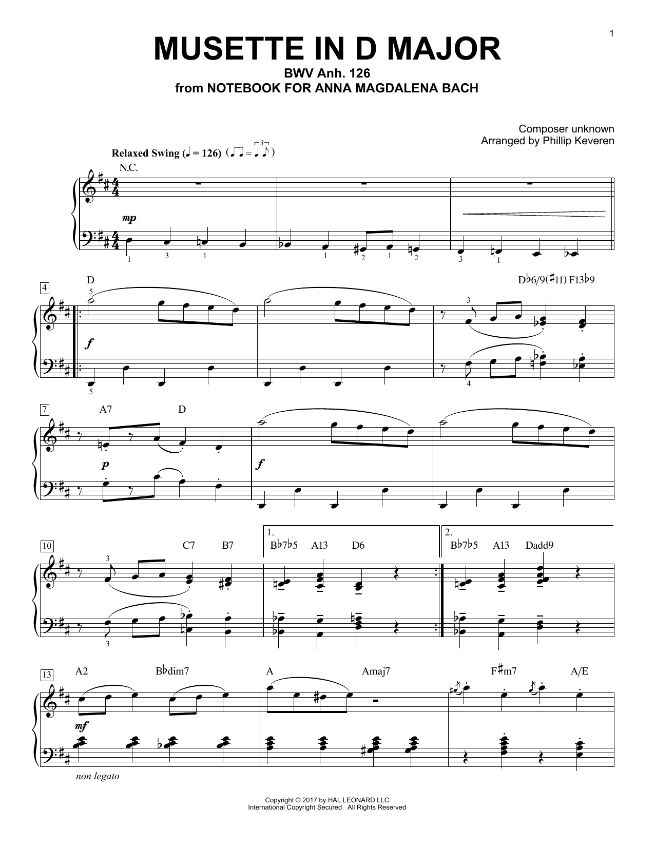 Johann Sebastian Bach Musette In D Major, BWV Anh. 126 [Jazz version] (arr. Phillip Keveren) sheet music notes and chords arranged for Piano Solo
