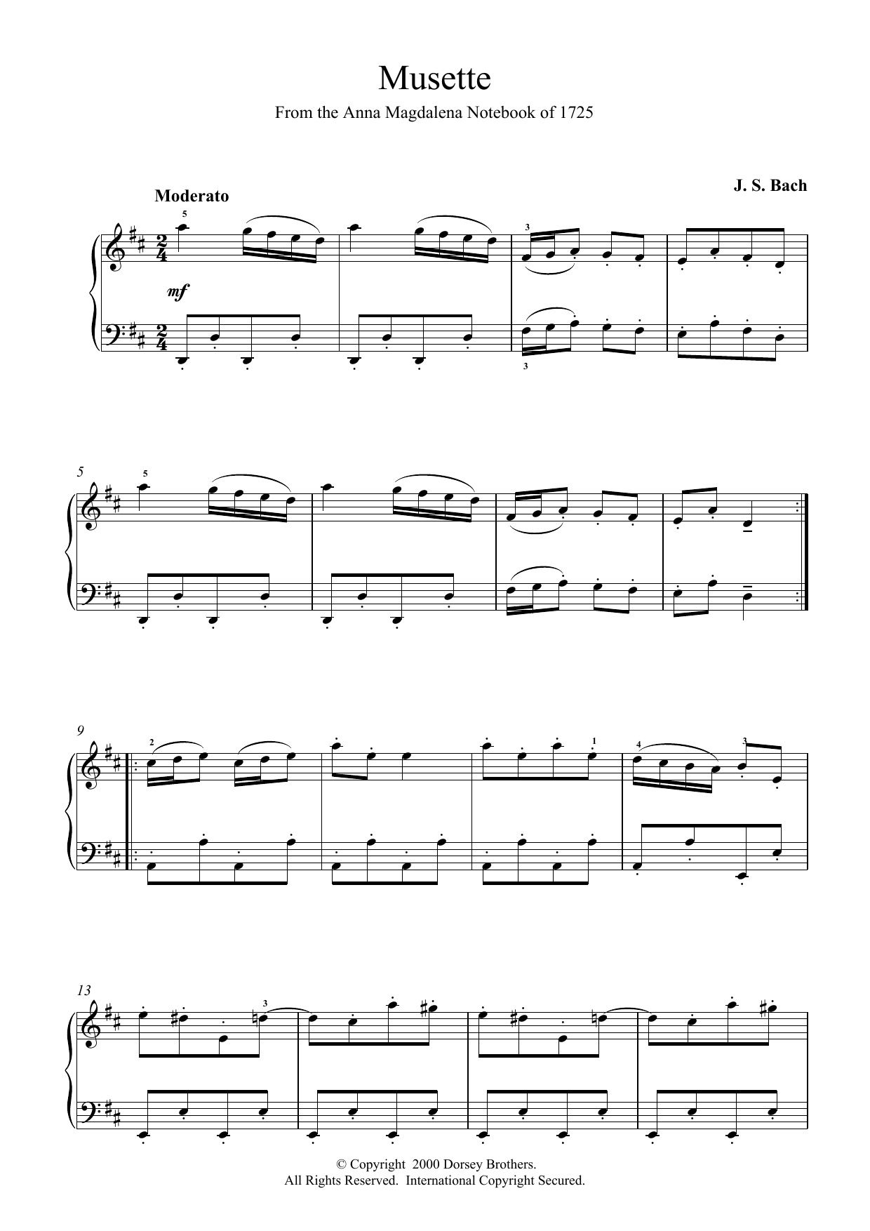 Johann Sebastian Bach Musette In D Major, BWV App. 126 sheet music notes and chords arranged for Piano Solo