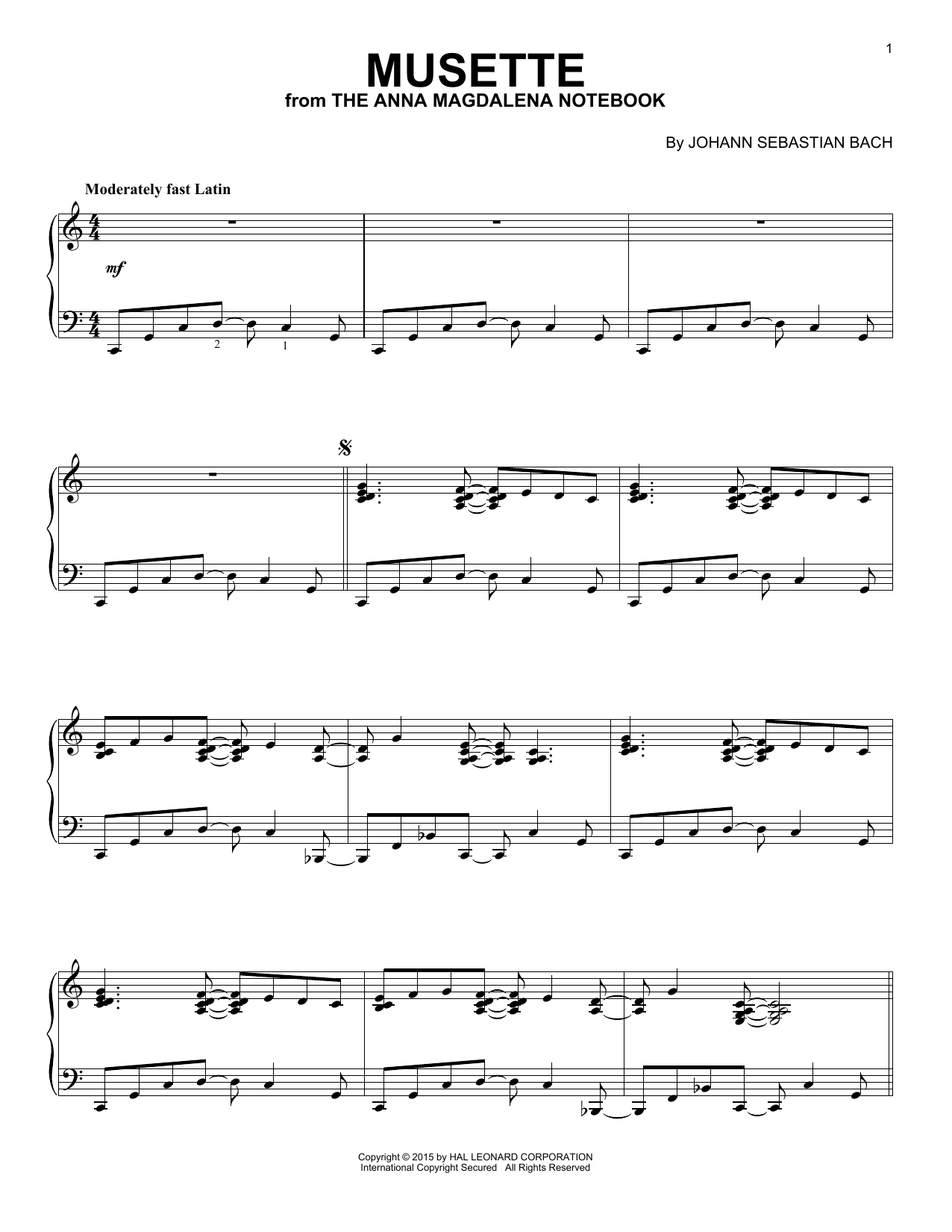 Johann Sebastian Bach Musette in D Major [Jazz version] sheet music notes and chords arranged for Piano Solo
